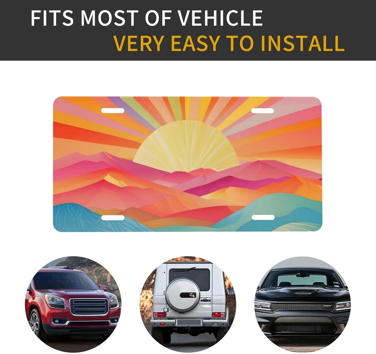Boho Sunset Front License Plate for Women Car Vanity Plates Decorative Aluminum Metal Cute Novelty License Plate Cover for Men 6x12 Inch (4 Holes)