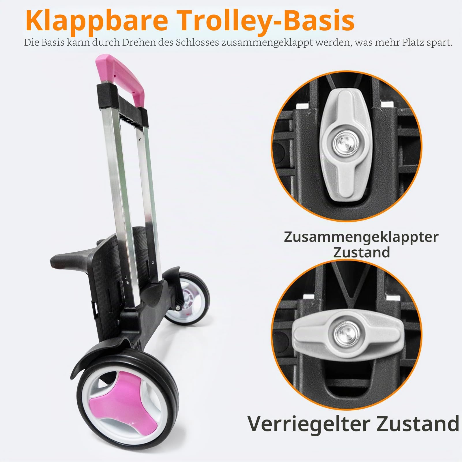 Tretroller mit leisen Rädern zum Treppensteigen, faltbarer Aluminiumrahmen, verstellbarer Griff, große Kapazität von 34,9 kg, geeignet für Reisetaschen, Büchertaschen, Einkaufen, Rosa