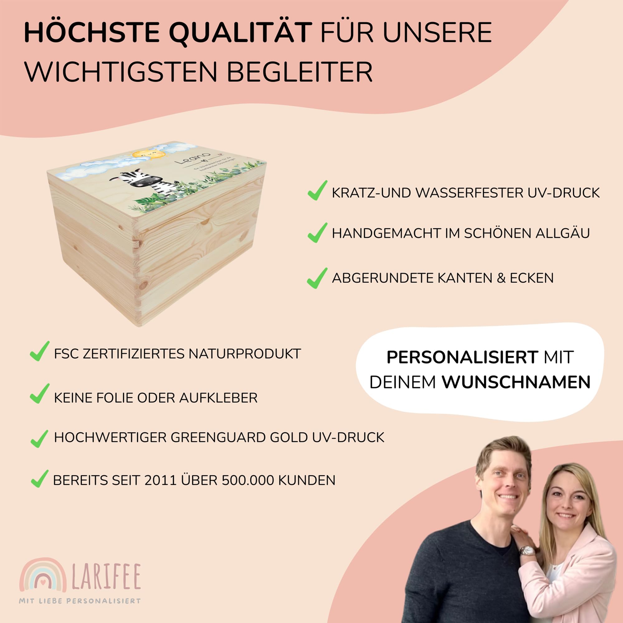 LARIFEE personalisierte Erinnerungsbox Zebra – Holzkiste für Baby Andenken groß 40x30x23 cm – Geschenk Geburt, Taufe & Babygeschenk