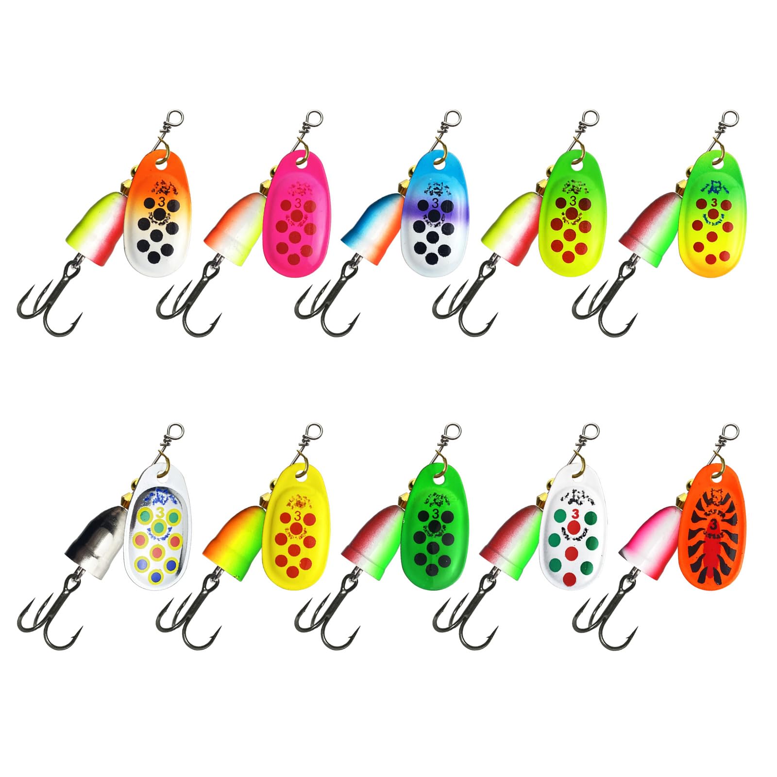 10-teiliges Forellen Spinner Köder Set, Angelköder, Spinnerbait mit Drillingshaken, Harte Köder, Süßwasser Salzwasser Angelgerät, mehrere Farben Spinner