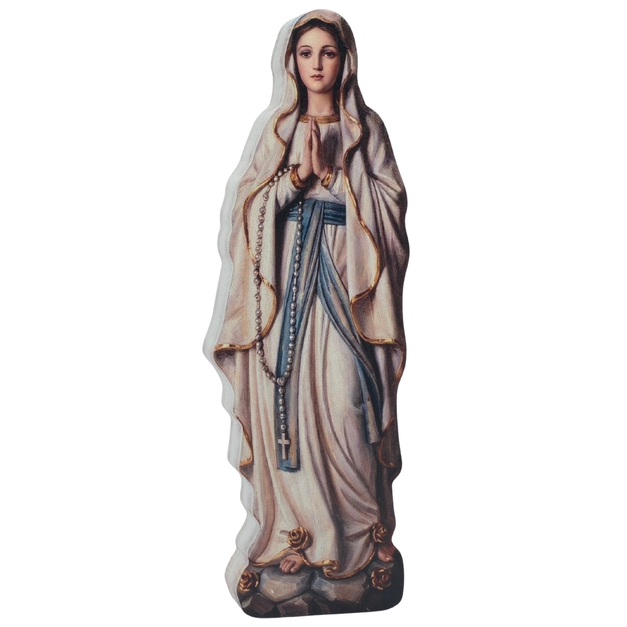 Our Lady of Lourdes Wooden Shelf Sitter - 8 Inches Virgen De Lourdes Catholic Icons, 2D Flat Blessed Virgin Mary Tabletop Wood Plaque Religious Gifts for Mom, Grandmother