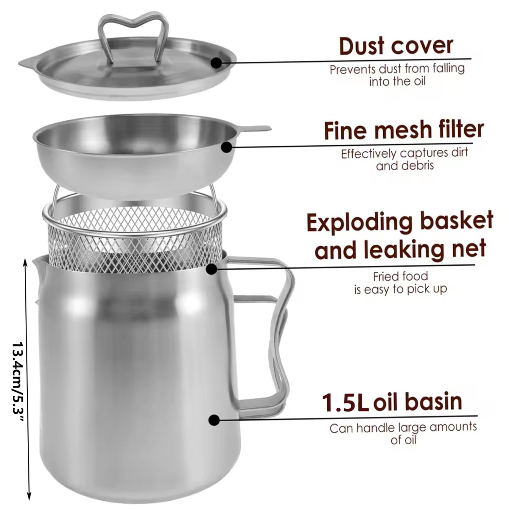 Pentola per filtro dell'olio in acciaio inossidabile, pentola per friggitrice da 1,5 l, con filtro e cestello per friggitrice, rete multifunzione per arrosti, contenitore grasso serbatoio