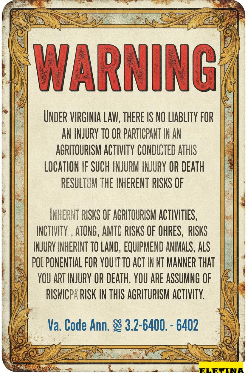 Virginia Agritourism Liability Tin Sign, 8x12 Inch