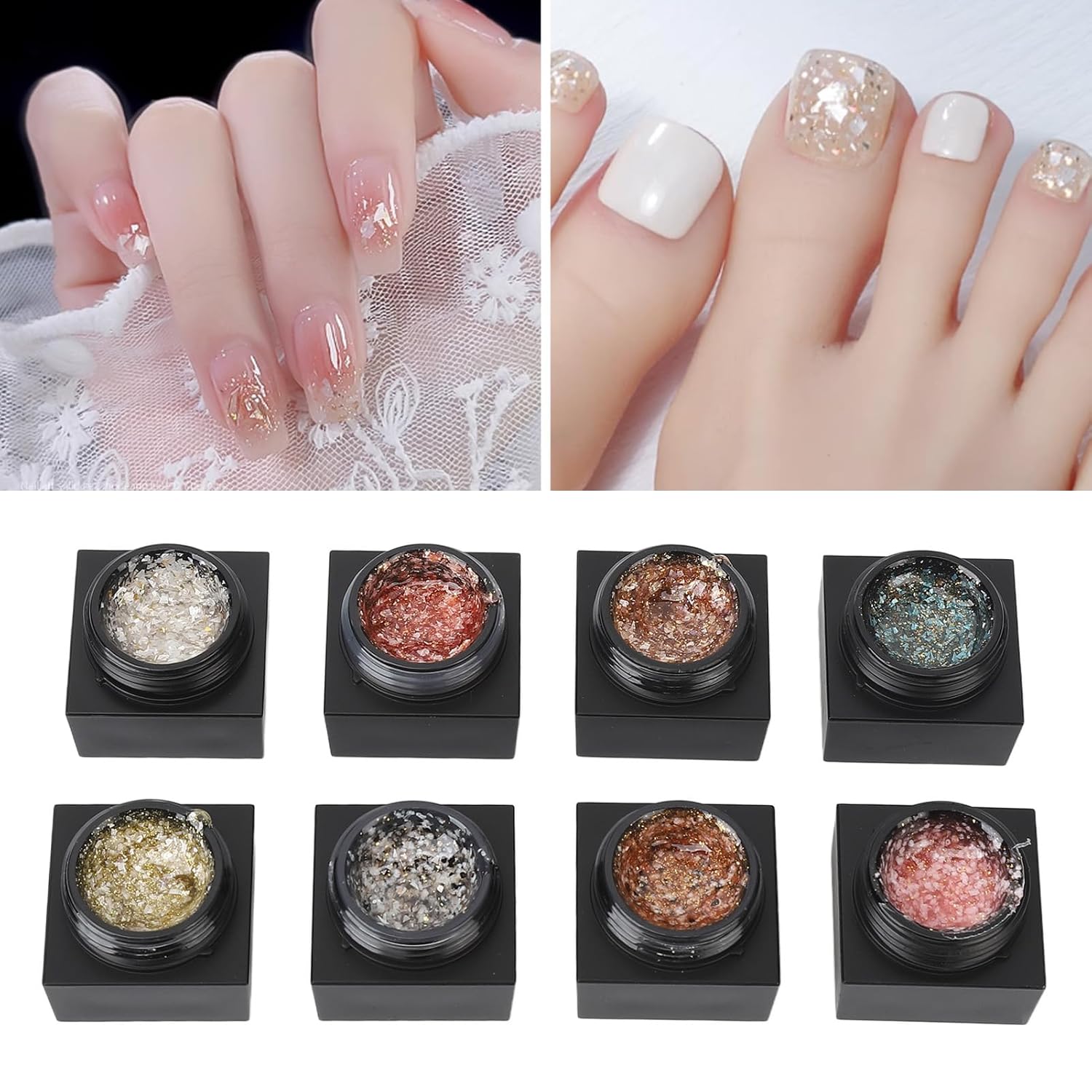 Naroote Glitter Gel Nail Polish, Solid Gel Nail Polish Sparkly Gel Nail Polish 8 Colors Nail Sand Shell Gel Polish Soak Off Gel Polish Set for Home Nail Tech DIY Nail Art