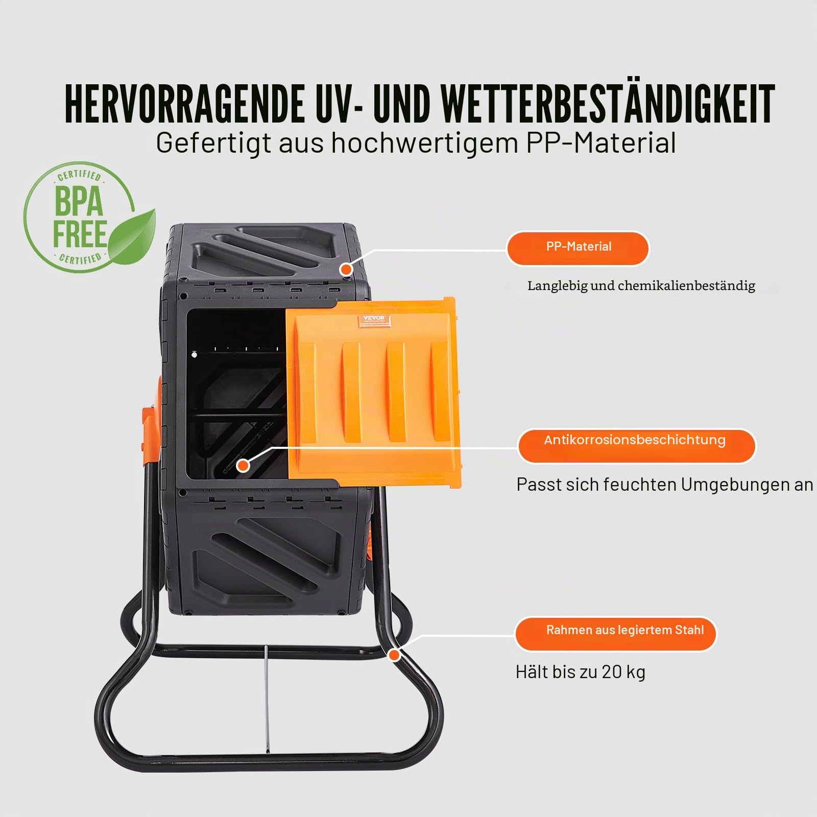 VEVOR Tumbling-Komposterbin Komposter Tumbler 70 L, Trommelkomposter 360° Drehbar Multifunktionaler Tumbling Komposter 605 x 510 x 730 mm, 20 kg Belastbarer Garten Kompostbehälter inkl. Handschuhe
