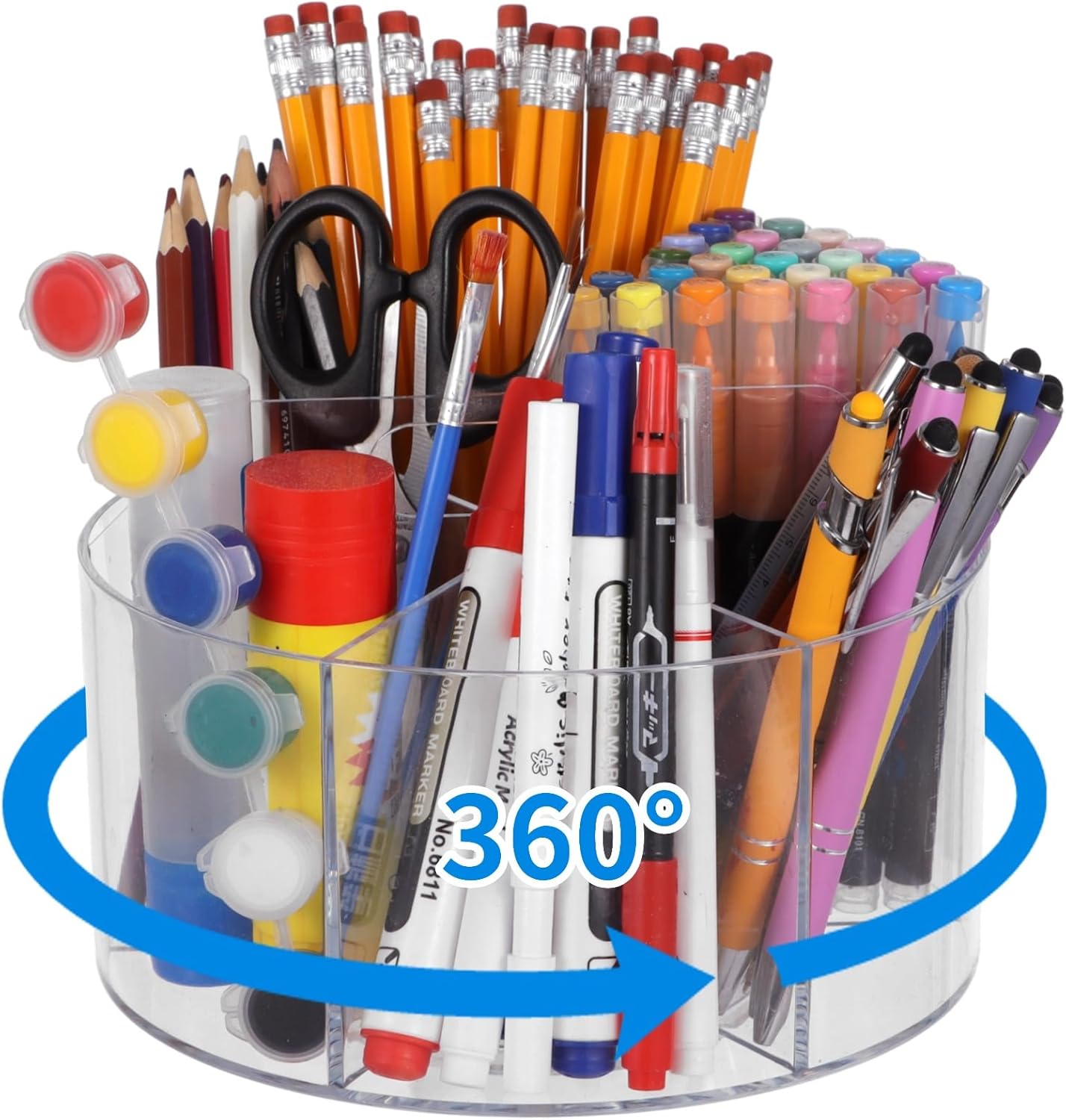 OMISTAR Acrylic Rotating Pen Holder, 5.1 x 7.5 in Desk Organizer With 6 Compartments, 360° Art Supply Storage Caddy, Portable Clear Pencil Organizer for Home and Office