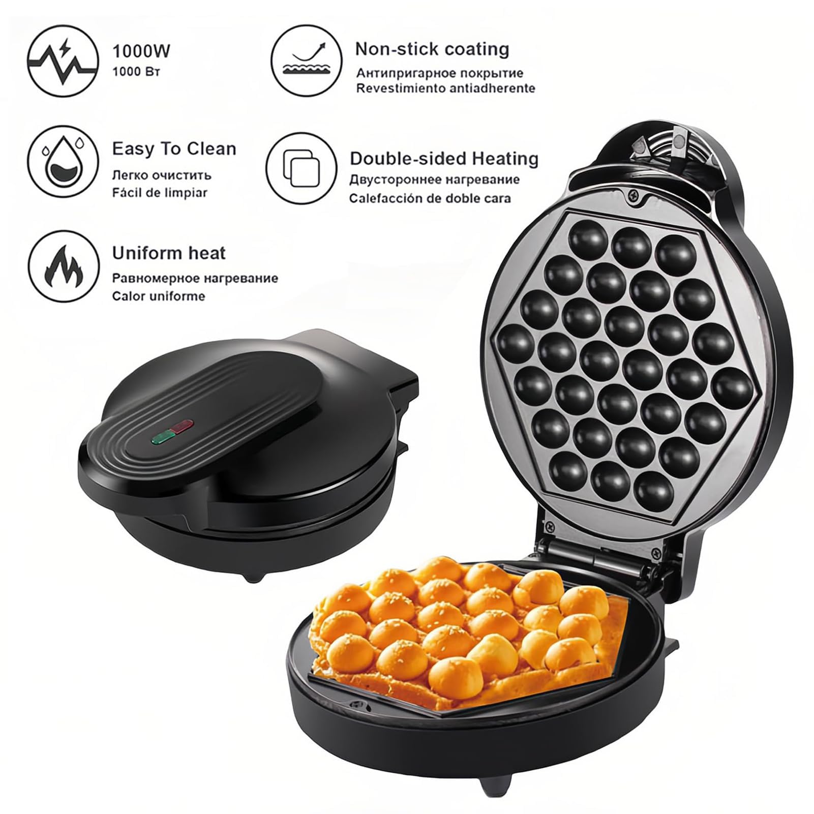 Macchina per waffle a bolle a 30 cavità | Forno antiaderente da 1000W con lampada LED e piedini antiscivolo, riscaldamento su entrambi i lati