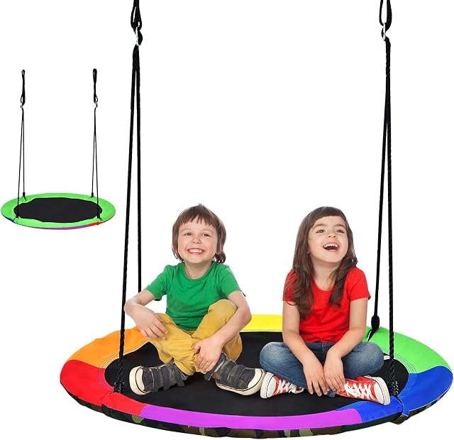 COSTWAY Children Nest Swing, 100cm Hanging Tree Swing Seat with Length Adjustable Rope, Reversible Design Kids Swing Set for Indoor Garden Playground, 150kg Capacity (Green+Multicolour)