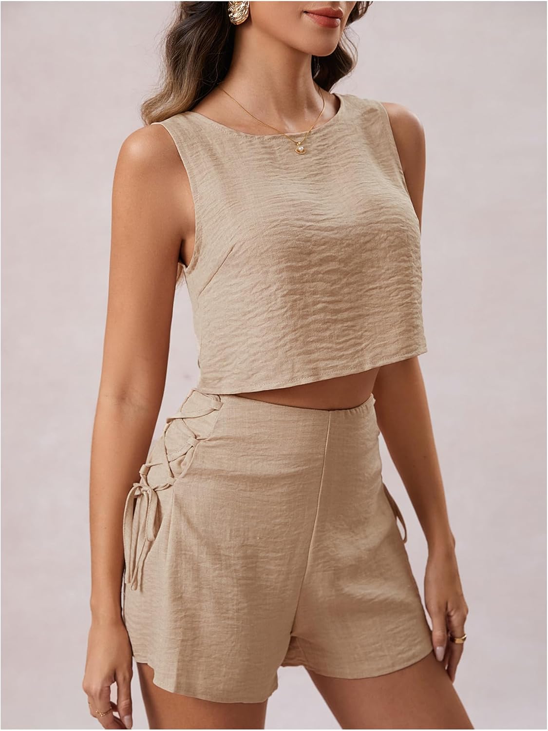 OYOANGLE Women's 2 Pieces Outfits Sleeveless Backless Tie Camisole Shorts Set Summer Casual Travel Lounge Sets - Image 5