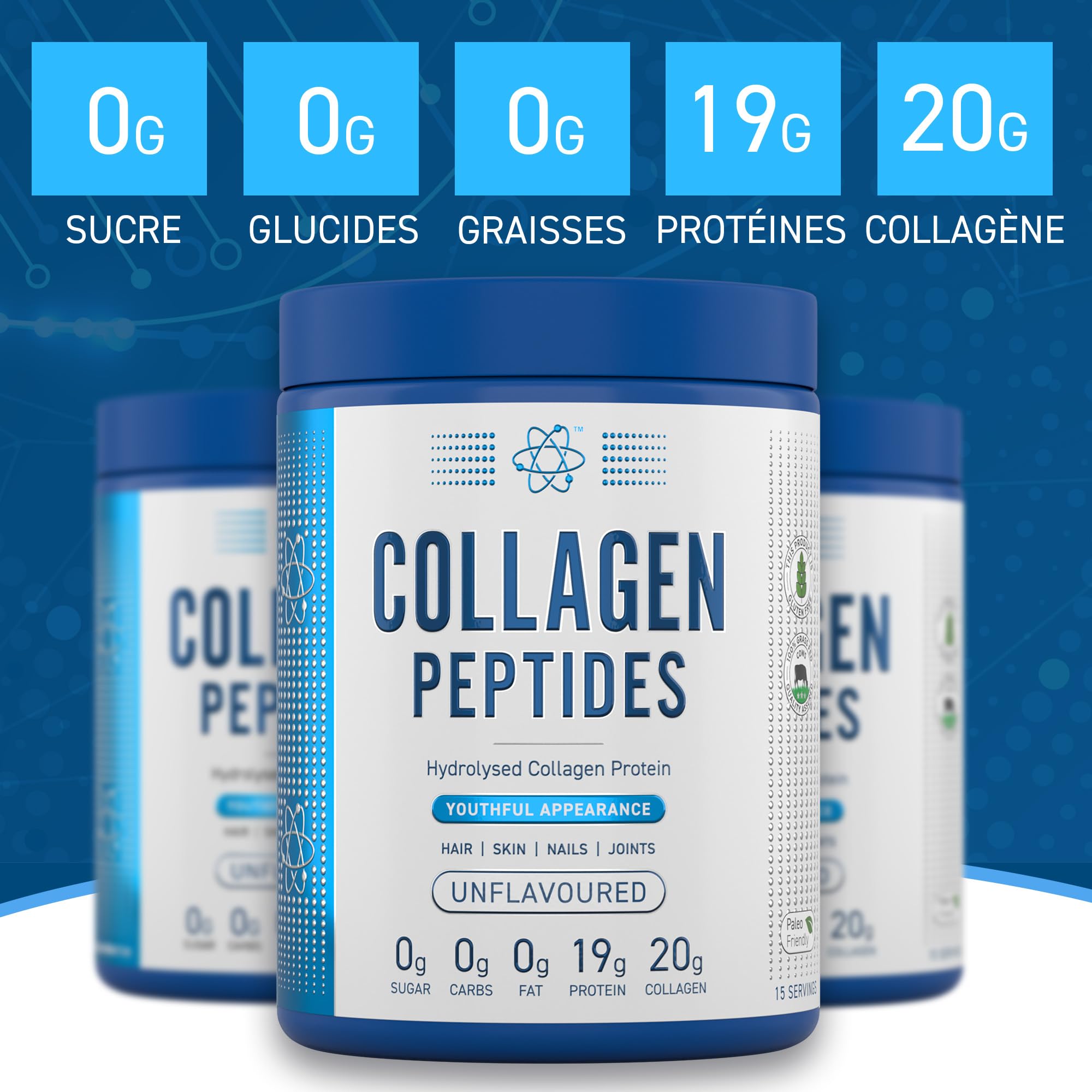 Applied Nutrition – Peptides de Collagène en Poudre – Protéine de Collagène Bovin Hydrolysé Halal – Bon pour la Peau, les Cheveux et les Ongles (300 g – 15 Portions)