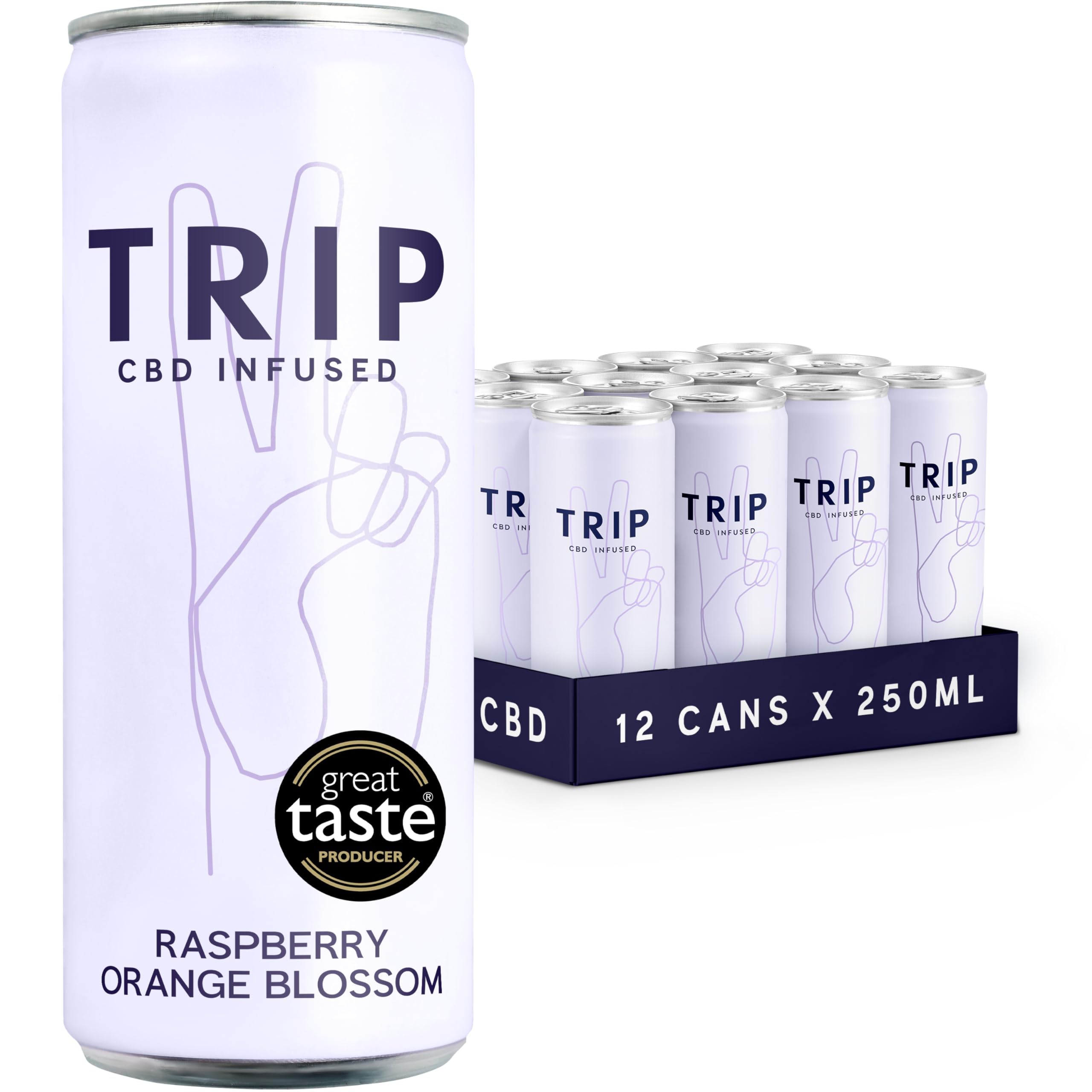 TRIP CBDDrink, Sparkling Raspberry Orange Blossom, 25mg CBD Fizzy Drink, Low Calorie, Vegan (Pack of 12 x 250ml)