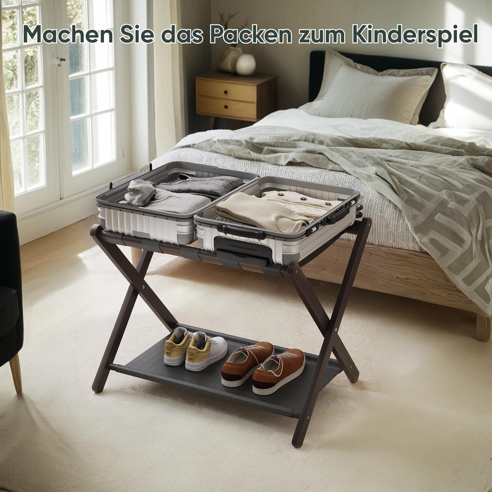 Semiocthome Kofferständer, 2er-Set, Faltbarer Gepäckträger aus Bambus mit Ablage für Gästezimmer, Schlafzimmer, Hotel, HBT: 52 x 67 x 45 cm - Braun