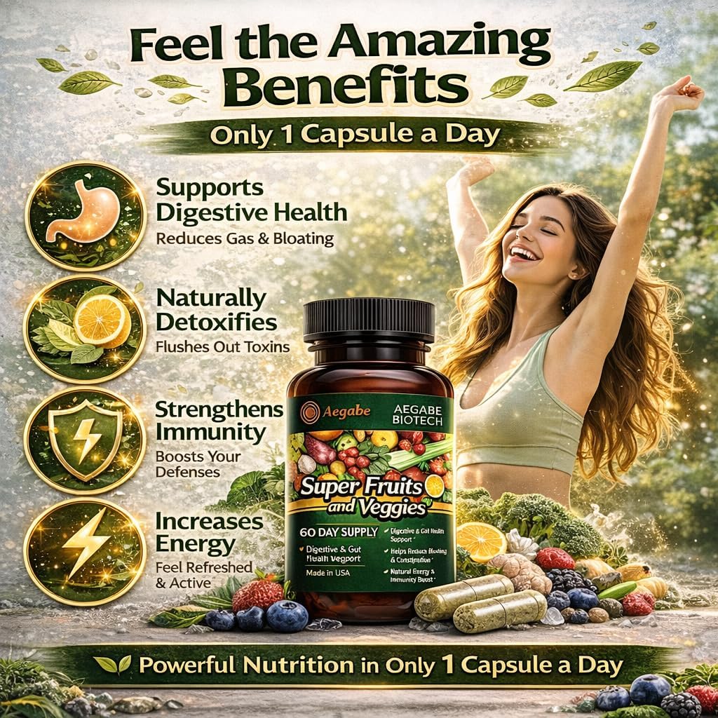 Premium Super Fruits and Veggies Supplement - 36 Whole Food Extracts - Advanced Digestive Health & Immune Support - One Capsule Daily - Made in USA - 60-Day Supply