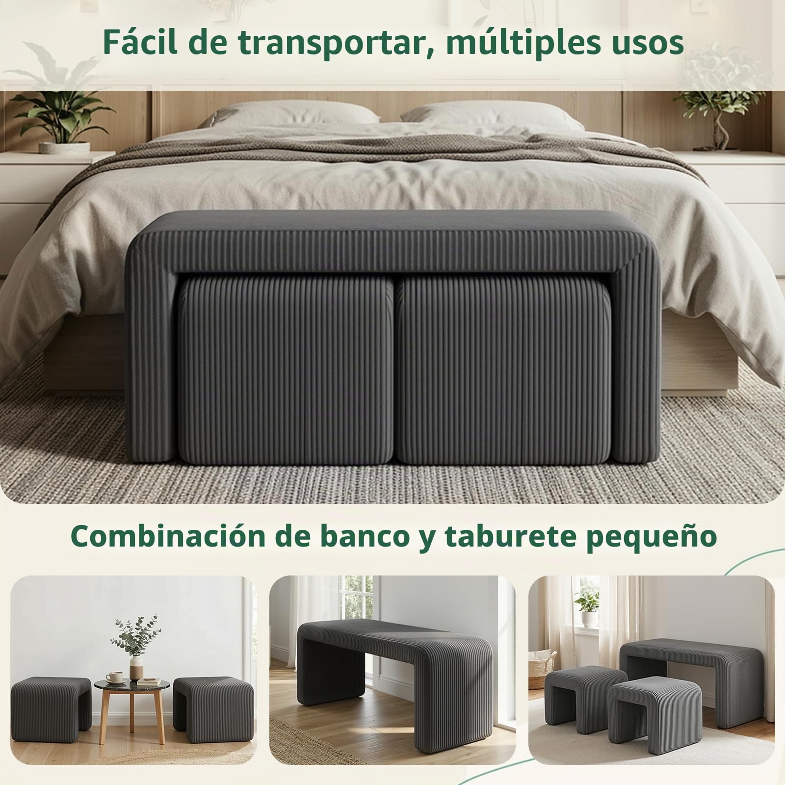 Clevich Juego de 3 Bancos tapizados, Banco al pie de la Cama, con 2 taburetes pequeños, cómodo Banco de Entrada/tocador, Moderno Banco Curvo, para Sala de Estar/Dormitorio/Entrada, Gris