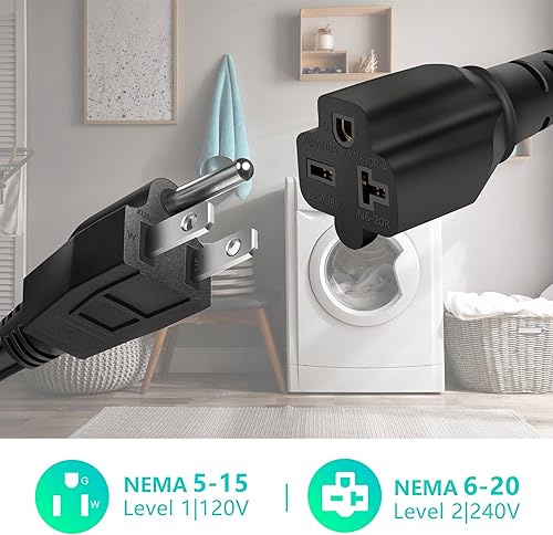 Miniatura 2 de Cable adaptador de corriente NEMA 5-15 a 6-20 resistente para cargador EV, adaptador NEMA 5-15 a NEMA 6-20 adaptador de 2 clavijas a 3 clavijas 240V