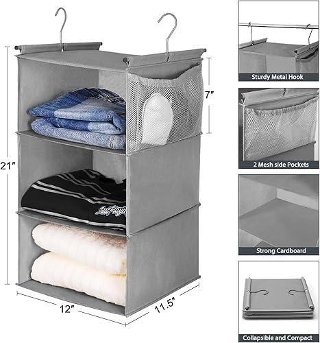 Miniatura 3 de MAX Houser Organizadores colgantes de armario de 3 estantes estantes colgantes plegables para cámper organizadores colgantes de guardería negro