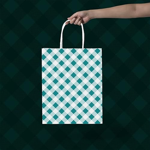 Miniatura 6 de ECOHOLA Bolsas de papel de guingán cian, 16 piezas, bolsas a cuadros de búfalo, bolsas de regalo, bolsas de papel turquesa con asas, 10 x 8 x 4