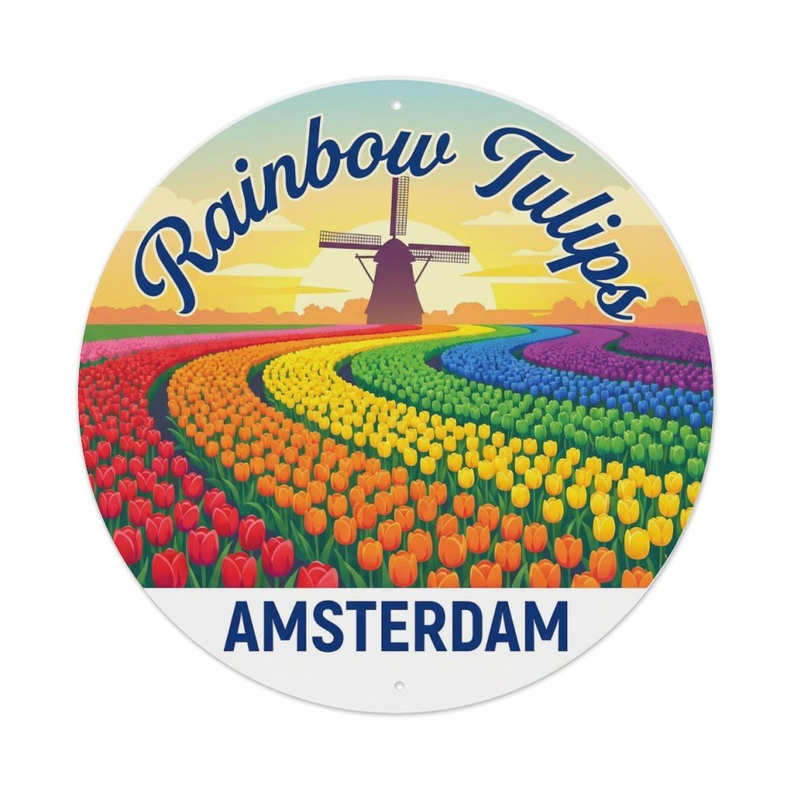 Tulip Rainbow Amsterdam City Classic Destination Heritage Metal Tin Sign Plaque Wall Decor for Cafe, Man Cave, Club Bar, Office, Home Garden Round Metal Poster 8x8Inch