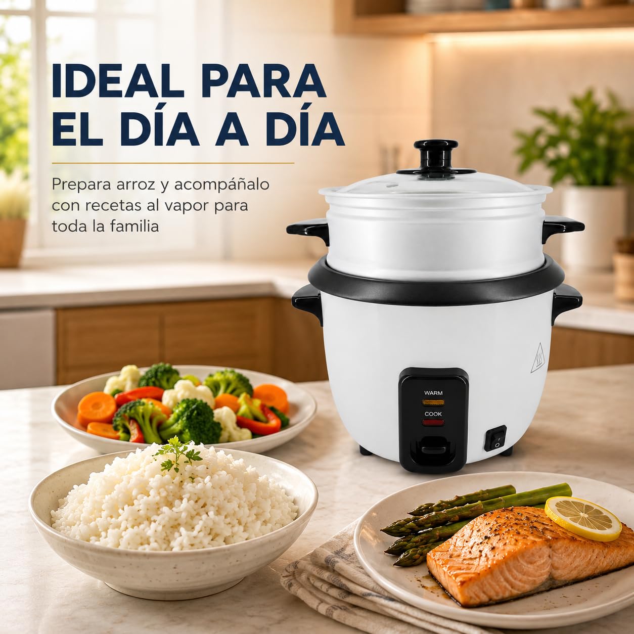 Arrocera Eléctrica 700W, Vaporera, Cuba Antiadherente, 7-8 Raciones (1,8L) | Función mantener caliente, tapa de vidrio, protección térmica y accesorios.