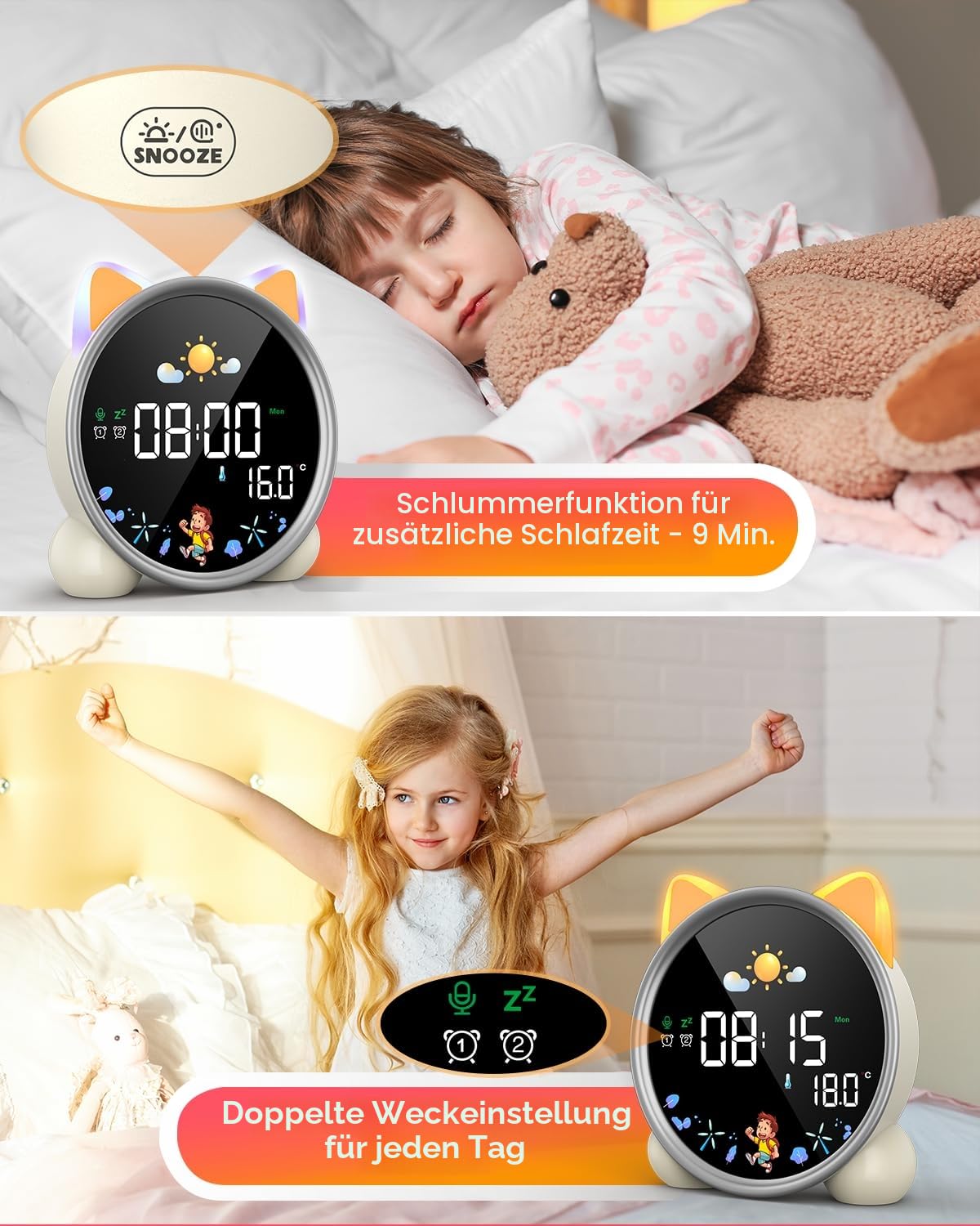 Lemnoi Kinderwecker Lichtwecker für Jungen und Mädchen, Batteriebetrieben Kinder Schlaftrainer mit Nachtlicht, Countdown, Snooze-Funktion, 3 Helligkeitsstufen und Buntem Licht, Lichtwecker für Kinder