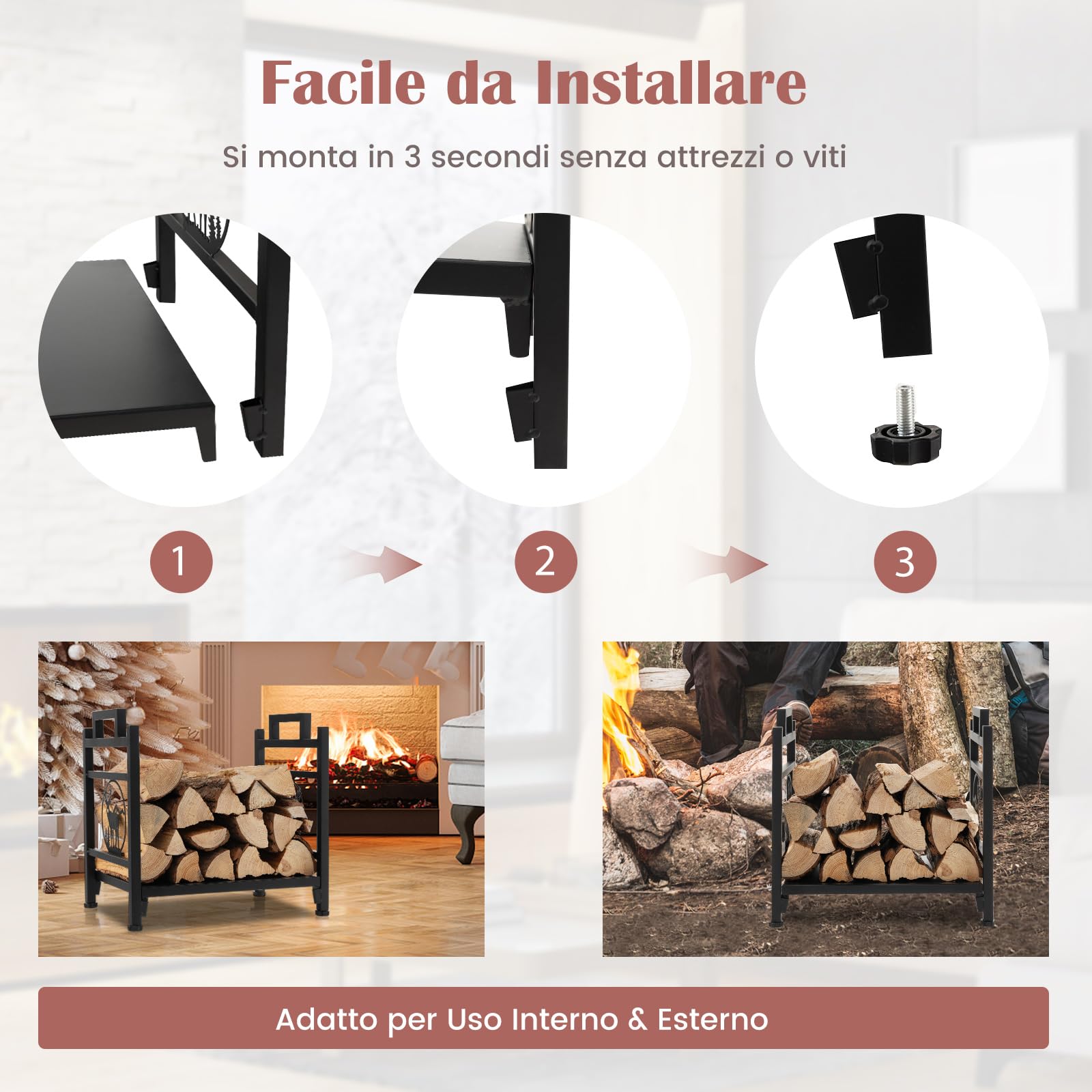 COSTWAY Portalegna da Interno ed Esterno, con Motivi di Cervo, Impugnature Comode e Piedini Regolabili, Portalegna per Camino, Braciere e Stufa