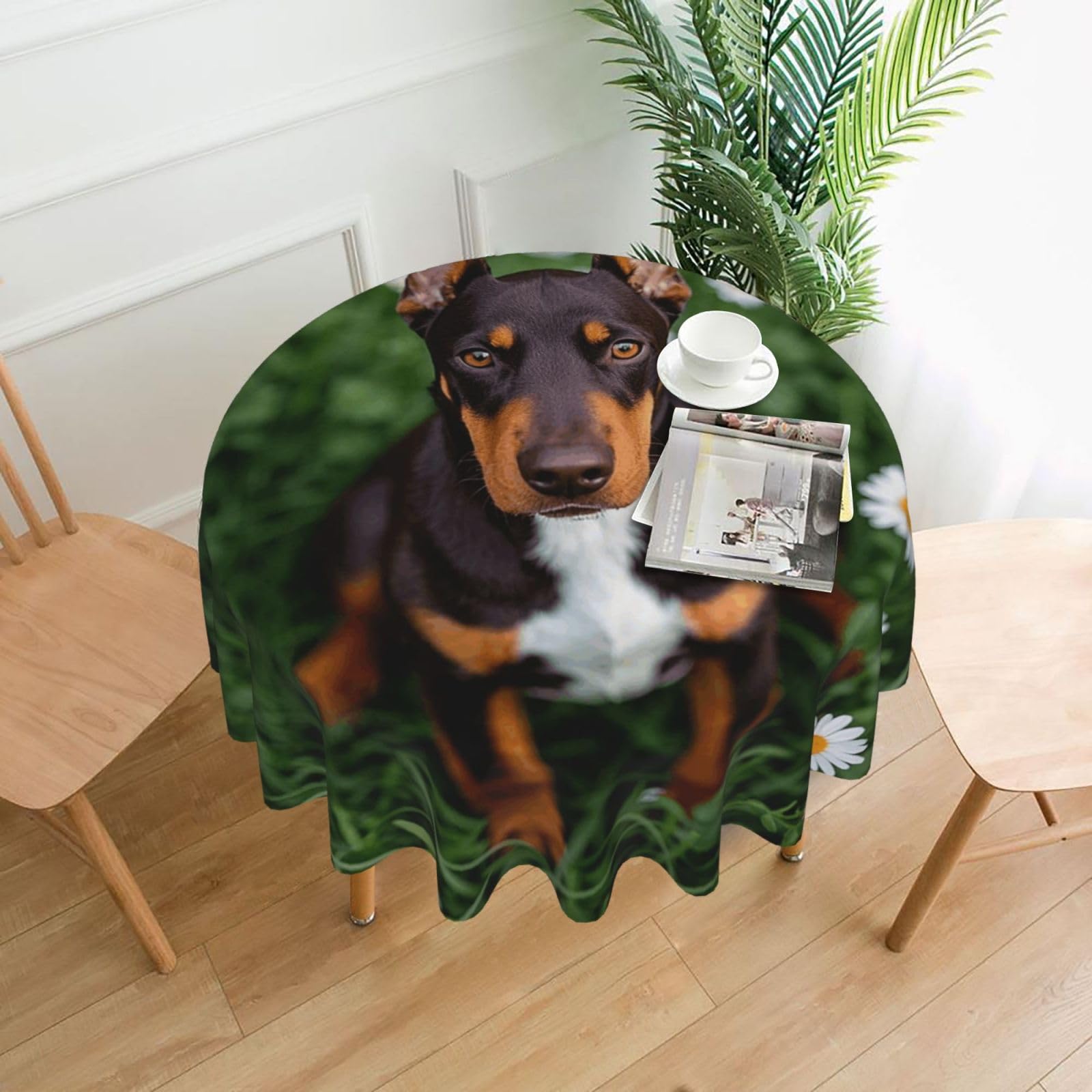 FodPand Cute Pet Doberman Pinscher Tablecloths for Round Tables 60 Inch - Reusable Washable Dining Table Clothes - Stain and Wrinkle Resistant Decorative Fabric Table Cover for Wedding Party