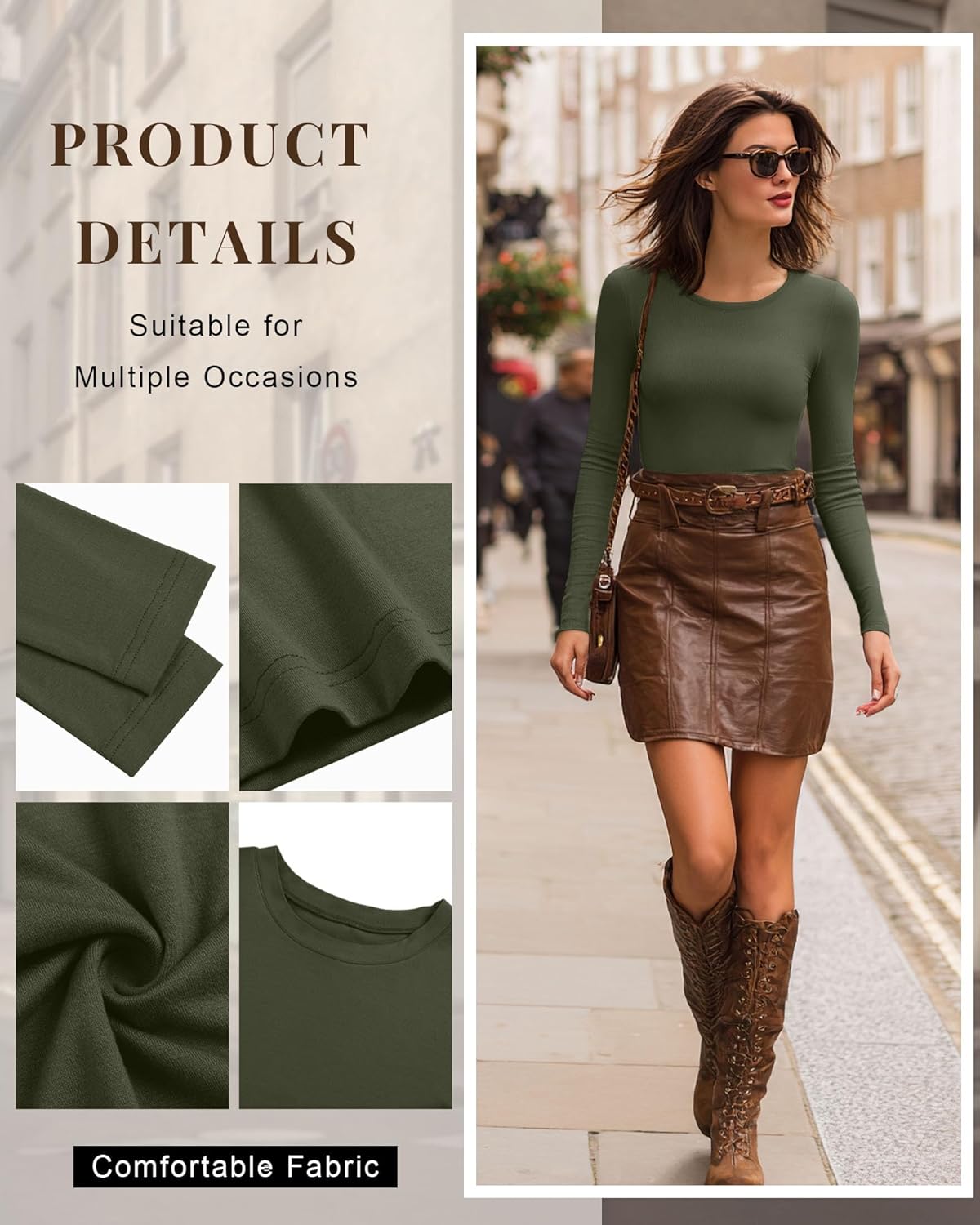 7 Pcs Women's Long Sleeve Tops Crew Neck Slim Fit Shirts Basic Going Out Tight Tees - Image 3