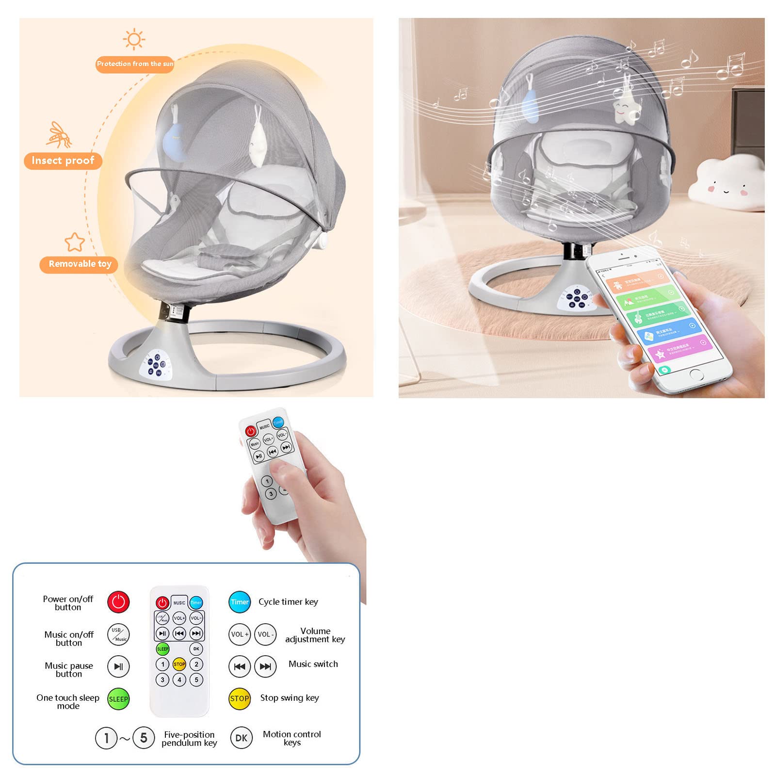 Sdraietta Elettrica Mobiclinic Tuktuk Per Neonati - Dondolo Con 4 Velocità, Bluetooth, Telecomando - Foto 3