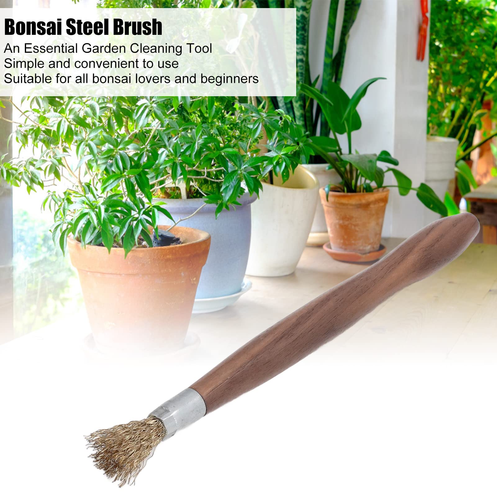 2Pcs Steel Wire Brush, Bonsai Plant Brush Wearable Rust Proof Wood Handle Professional Bonsai Cleaning Tool for Potted Plants