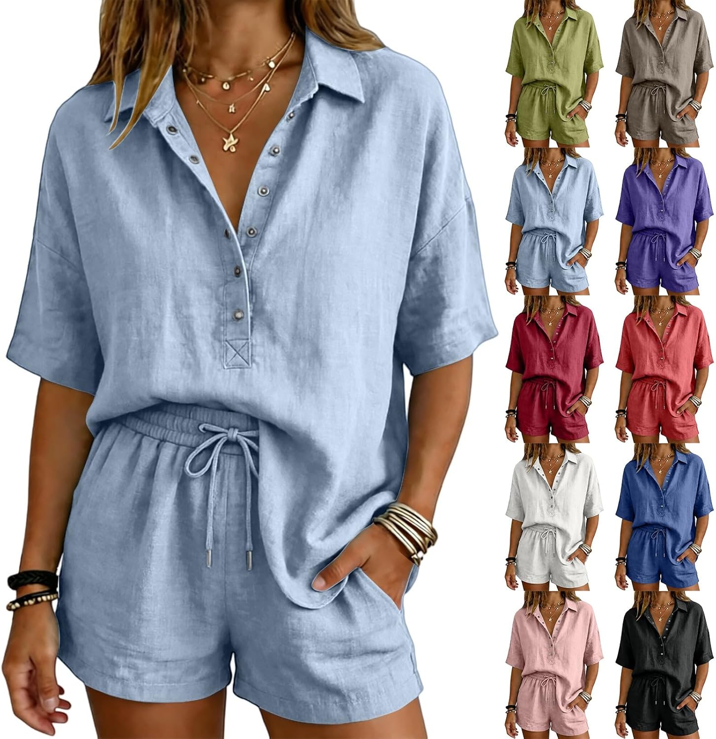 Linen Sets for Women 2 piece Summer Vacation V Neck Short Sleeve Beach Outfits Oversized Button Cotton Pjs