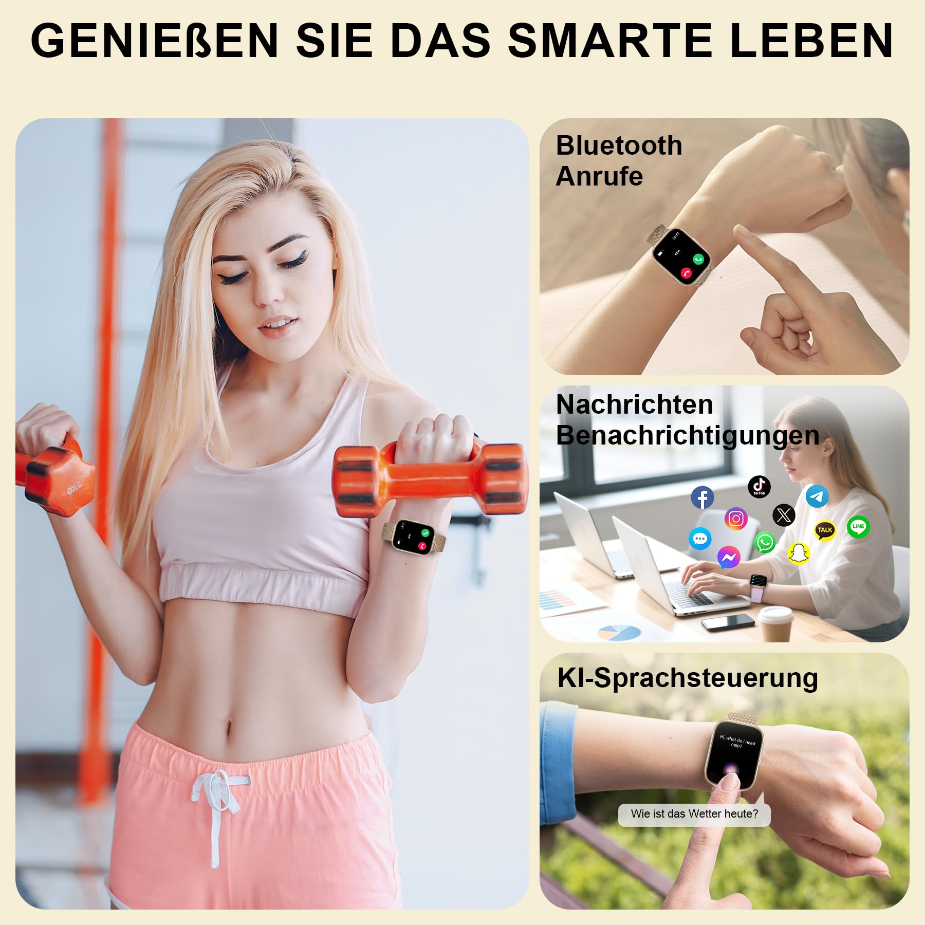 Smartwatch für Damen Herren mit Telefonfunktion,1.75" Fitnessuhr mit Pulsmesser SpO2 Schlafmonitor Schrittzähler IP68 Wasserdicht,120+ Sportmodi Smart Watch Fitness Tracker (Gold)