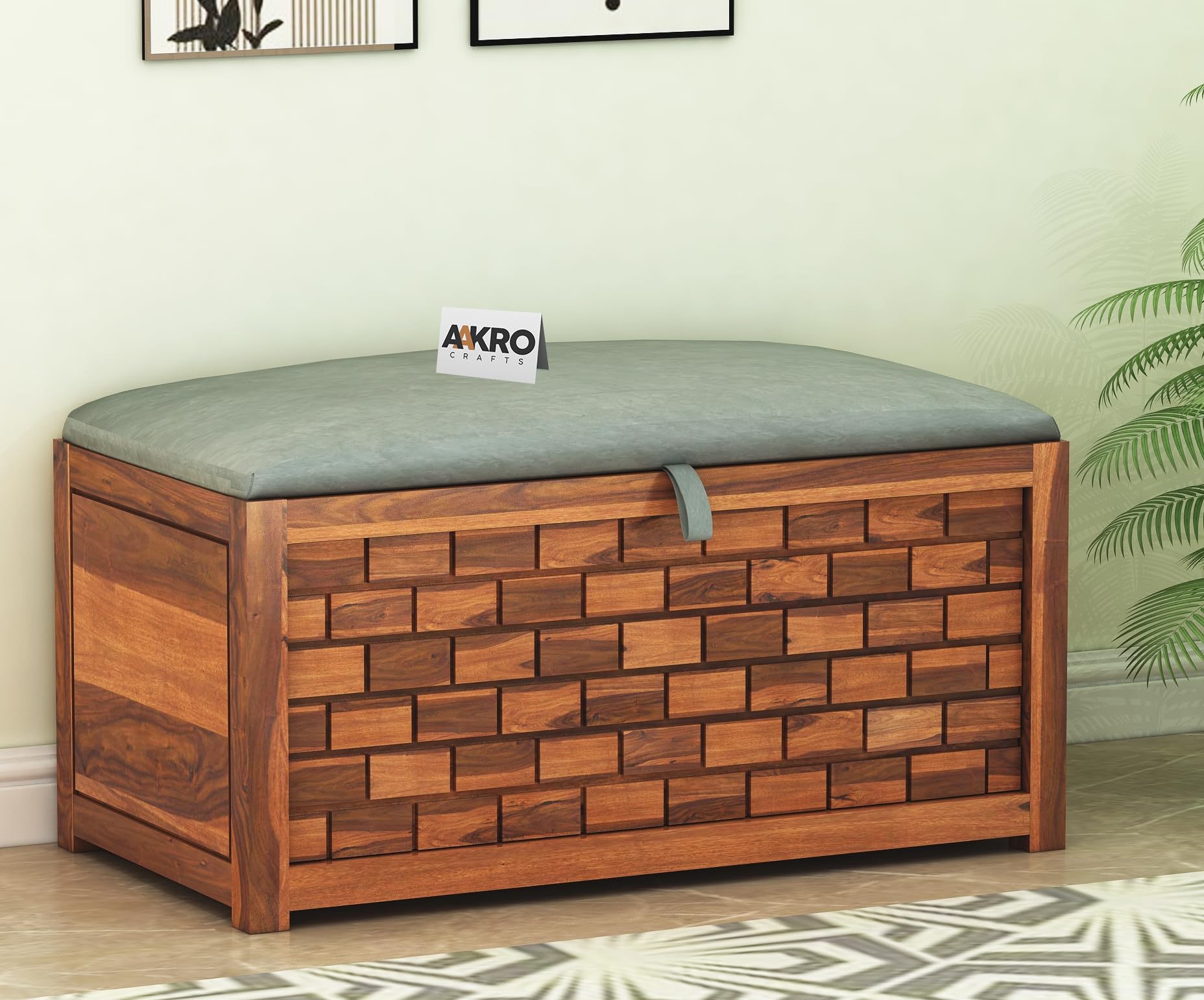 aakrocrafts solid sheesham wood storage bench for living room bedroom home settee with storage wooden bench with cushion seat (honey finish)