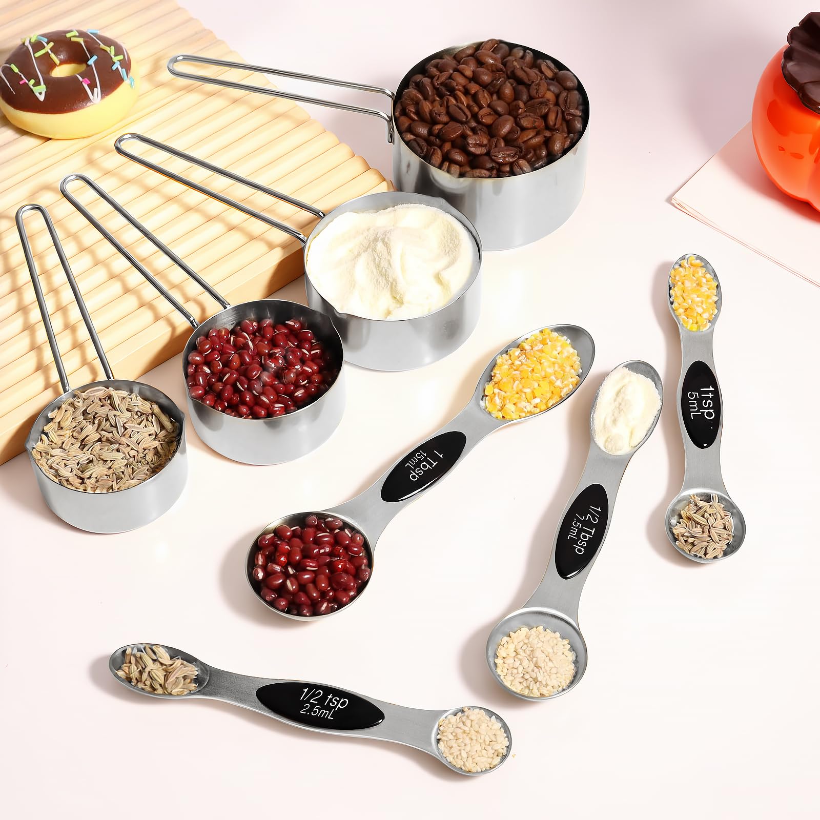 Juego de 13 tazas y cucharas medidoras de acero inoxidable, incluye 4 tazas medidoras de metal líquido, 8 cucharas medidoras magnéticas con 1 nivelador, accesorios de cocina para cocinar y