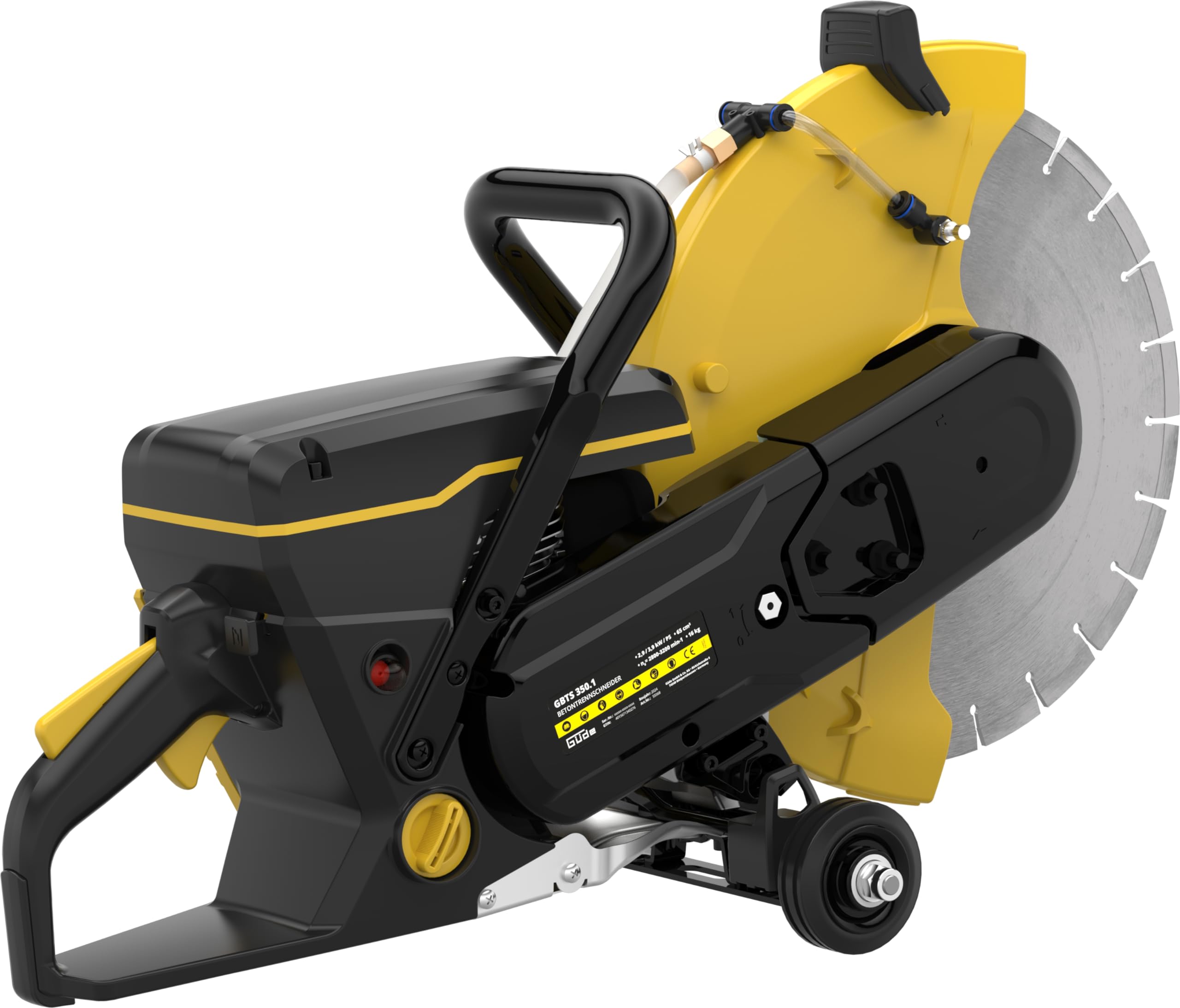 Güde GBTS 350.1 przecinarka do betonu (silnik 2-suwowy, 2,9/3,9 (kW/PS), skok 65 cm³, maks. głębokość cięcia 125 mm, średnica tarczy tnącej 350 mm, cięcie na mokro i na sucho, w zestawie tarcza