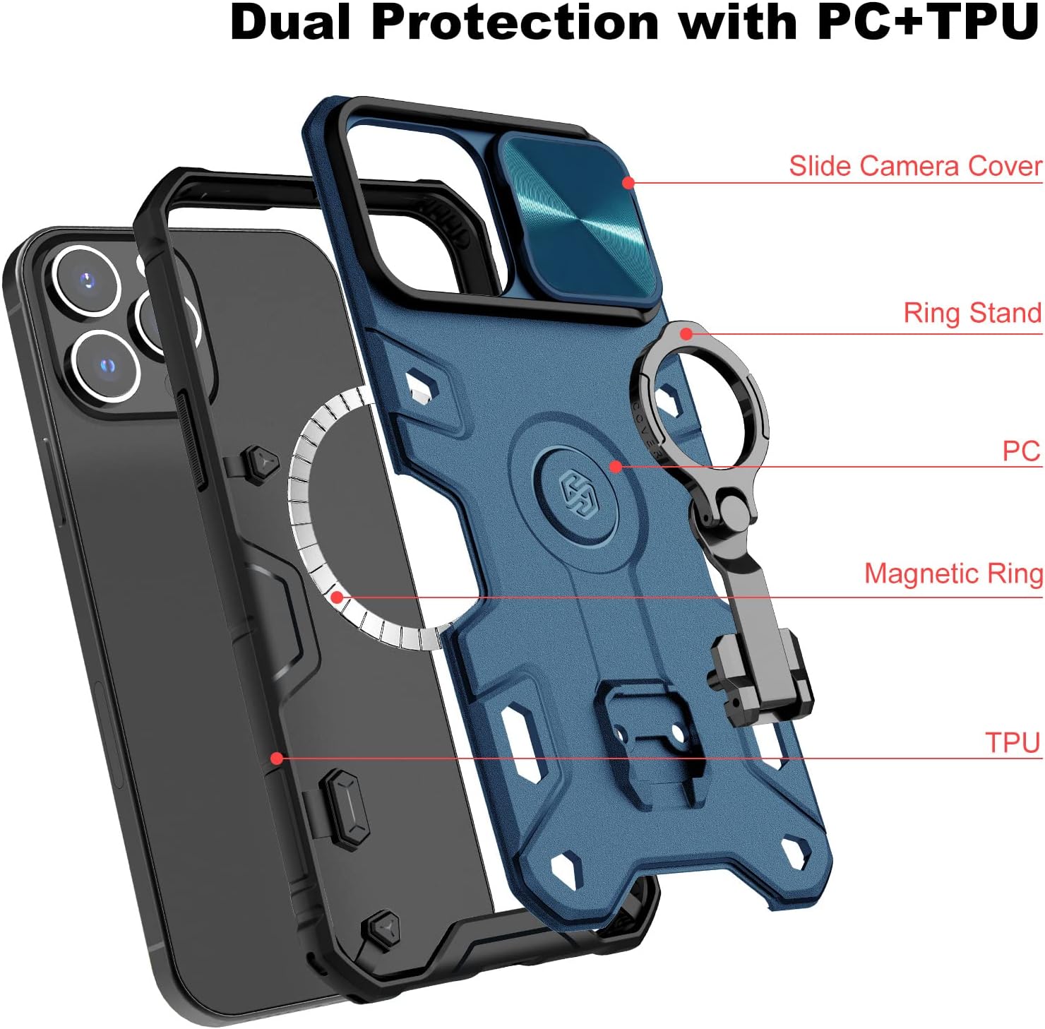 Nillkin Case for iPhone 13 Pro Max Case with Stand, Slide Camera Cover, Military Grade Shockproof Portective Case Compatible with MagSafe Wireless Charger&MagSafe Car Mount Holder, Blue