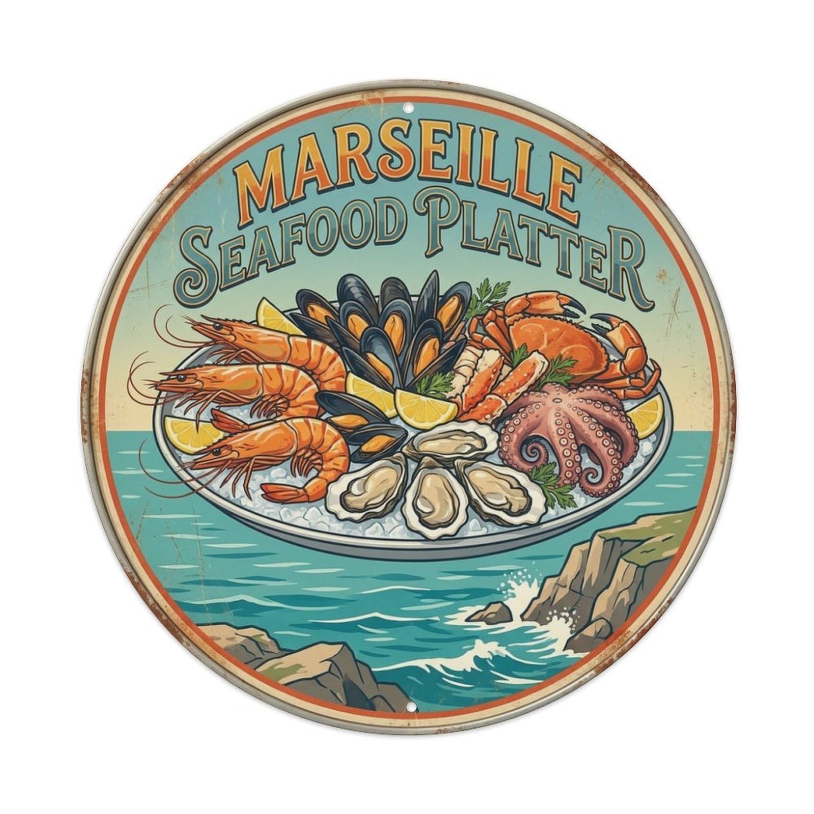 Seafood Platter Marseille Seaside Landscape Metal Tin Sign