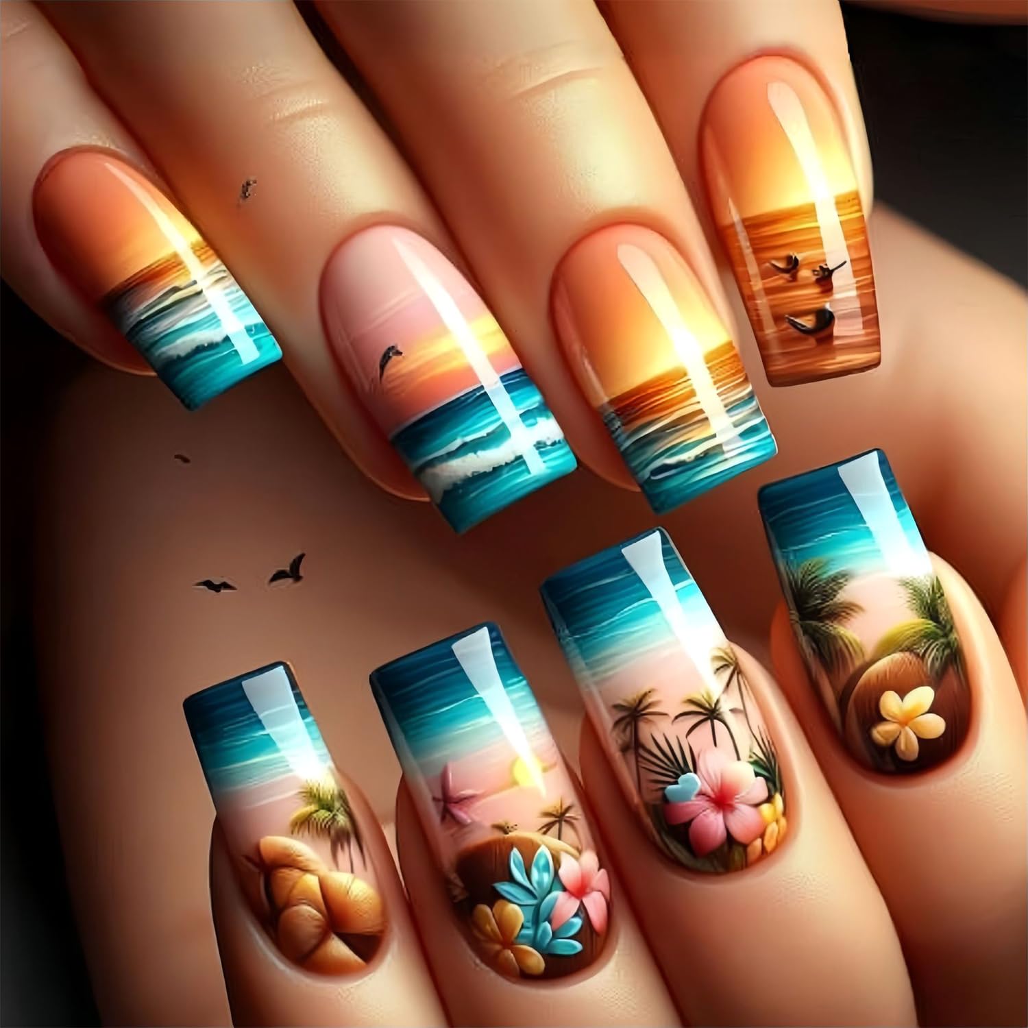LWTZLW Summer Press on Nails Medium Square False Nails Flowers Sea Pattern Full Cover Glue ons Nail Short Coffin Acrylic Fake Nail Glossy Artificial