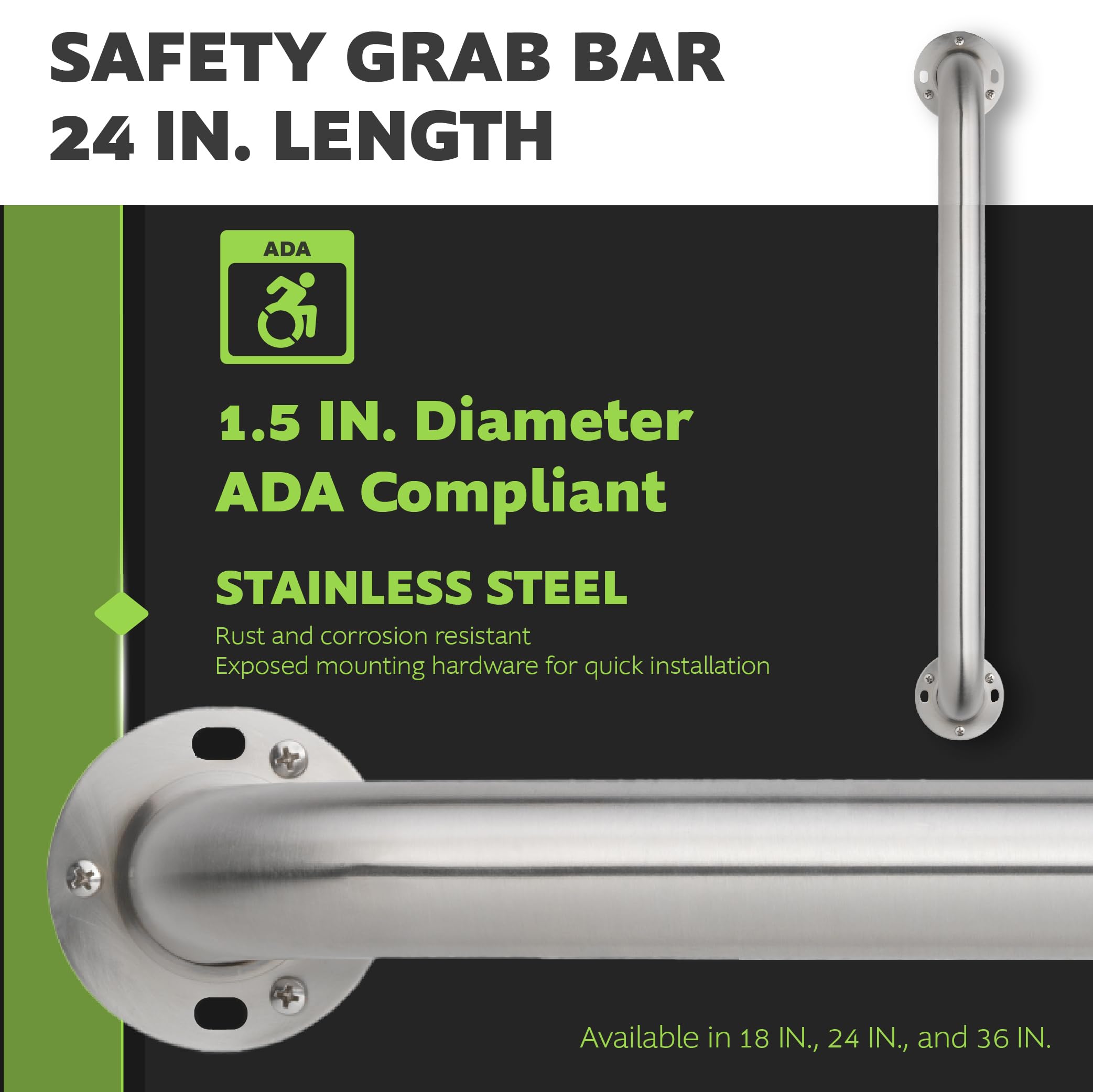 Homewerks 068 HW11224SS - Barra de apoyo para baño (acero inoxidable cepillado, 61 cm de diámetro, con tornillos de 3,8 cm de diámetro y tornillos expuestos, conforme a la norma ADA