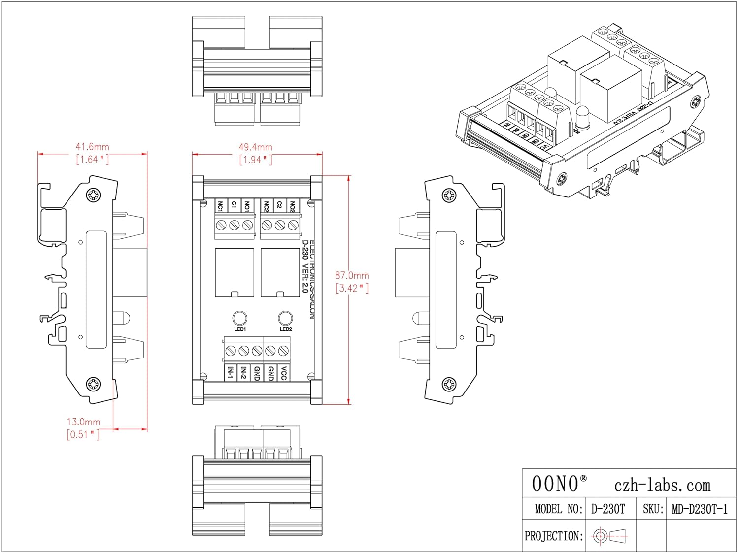 Electronics-Salon DIN Rail Mount 2 SPDT 10Amp Power Relay Interface Module, DC 5V Version.