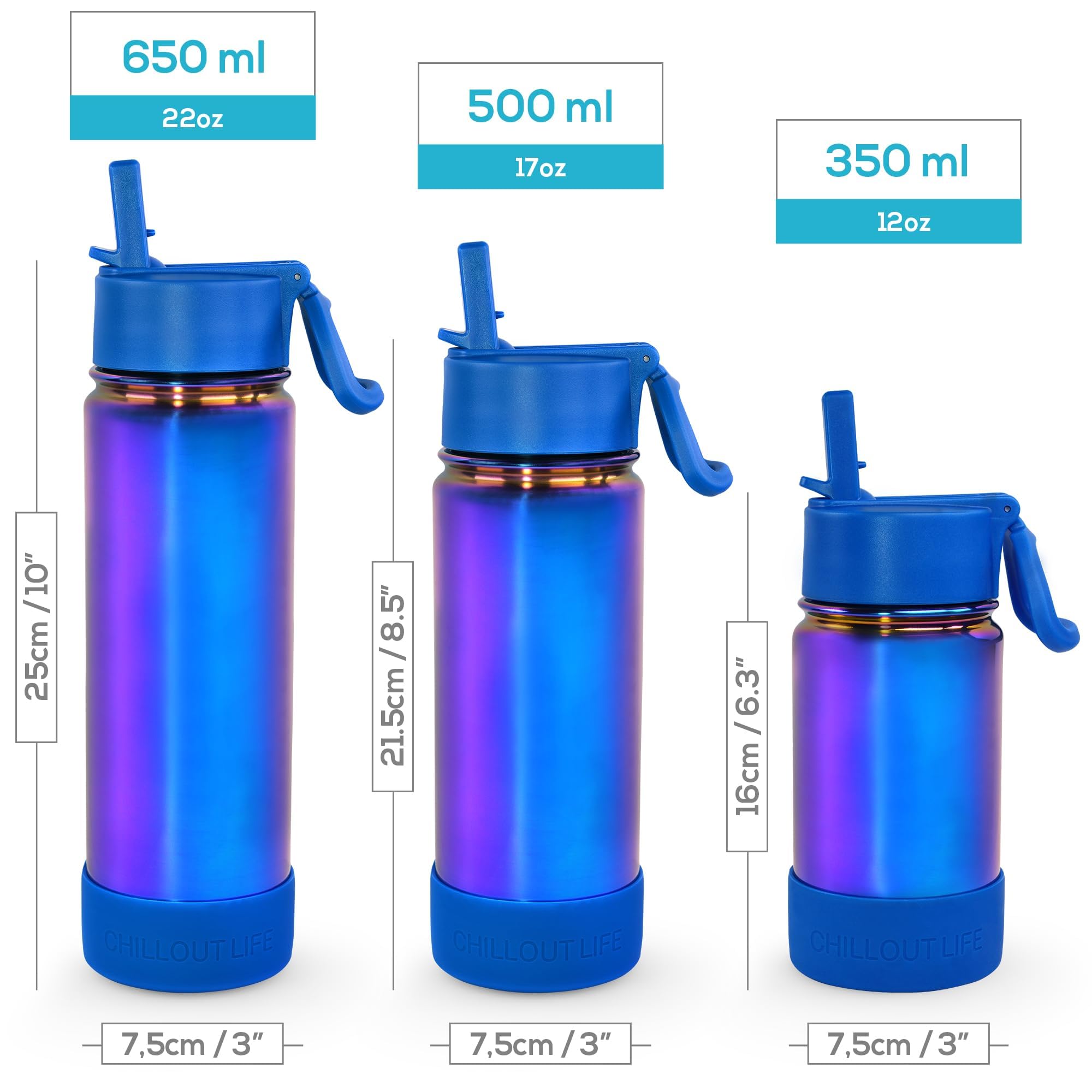 CHILLOUT LIFE Isolierte Kinder-Wasserflasche für die Schule, mit Strohhalm-Deckel, auslaufsicher und niedlich, wasserfest, personalisierbar, Edelstahl-Thermosflasche, Metall-Wasserflasche,