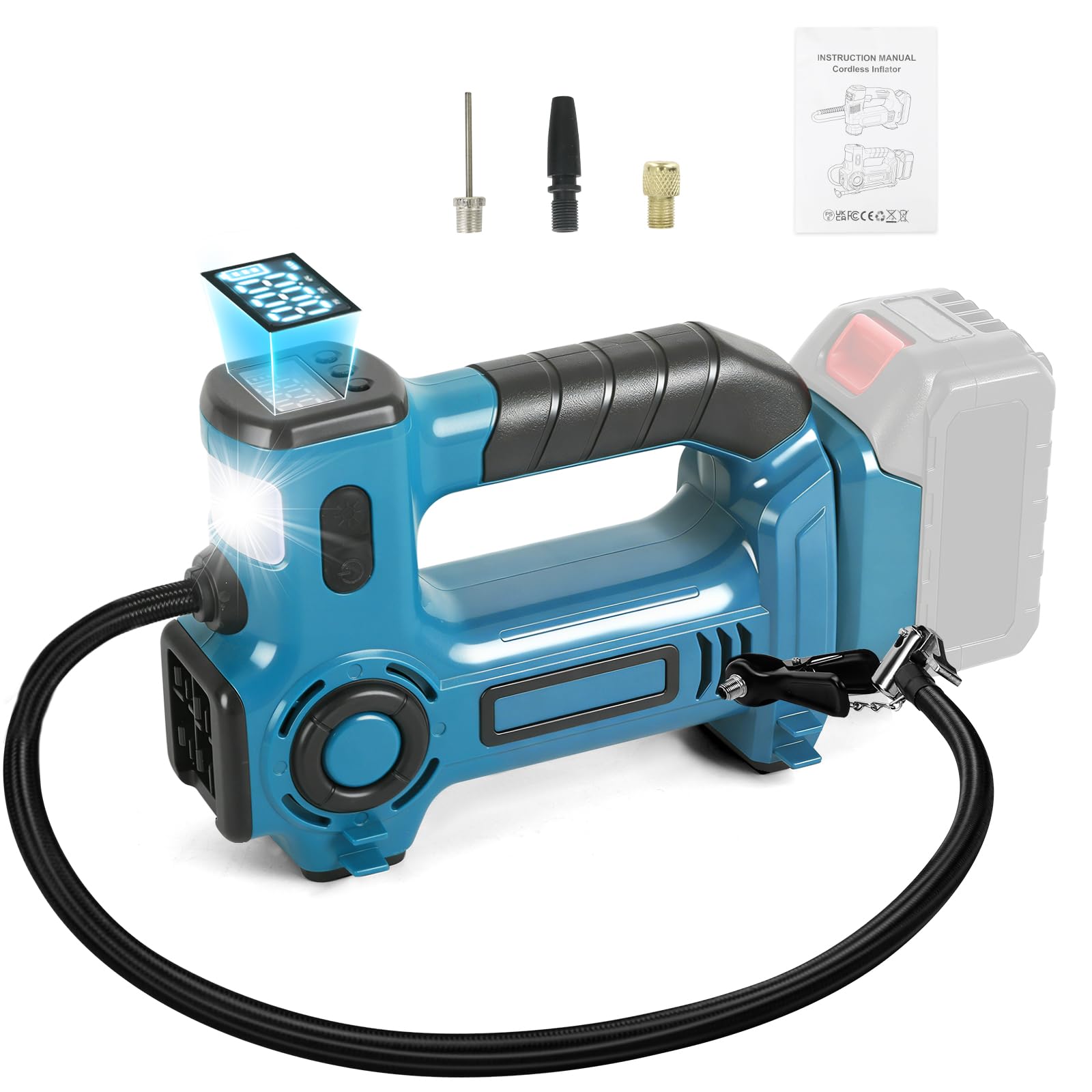Inflador Compresor compatible con Makita 18 V, Compresor de Aire Portátil con Manómetro Digital para Coche, Moto, Pelotas de Bicicleta, Presión Máxima de Aire 830 kPa (sin batería)