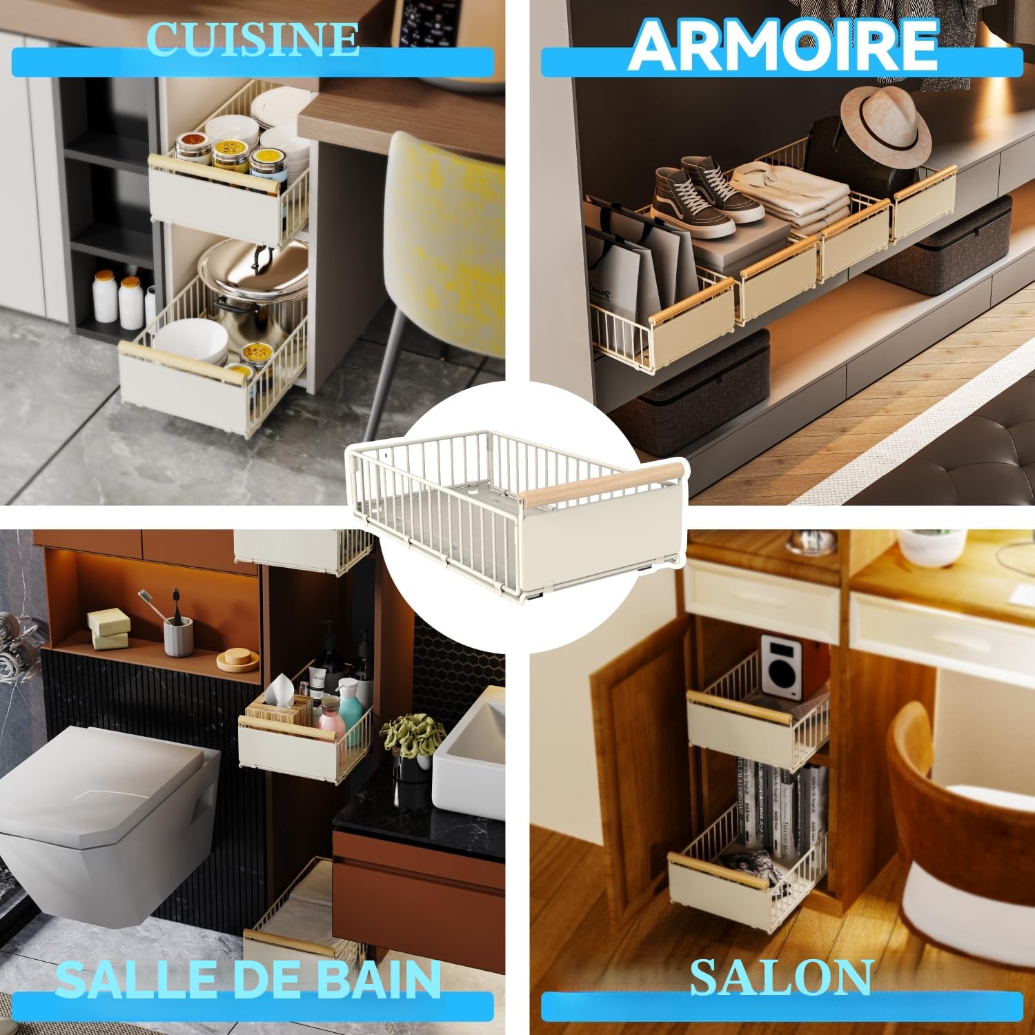 2 Pack de tiroirs coulissants pour armoires, boîte de rangement coulissante avec film adhésif Nano et vis pour la cuisine, le garde-manger ou la salle de bain, 11.82''Lx20.87''Px6.3''H