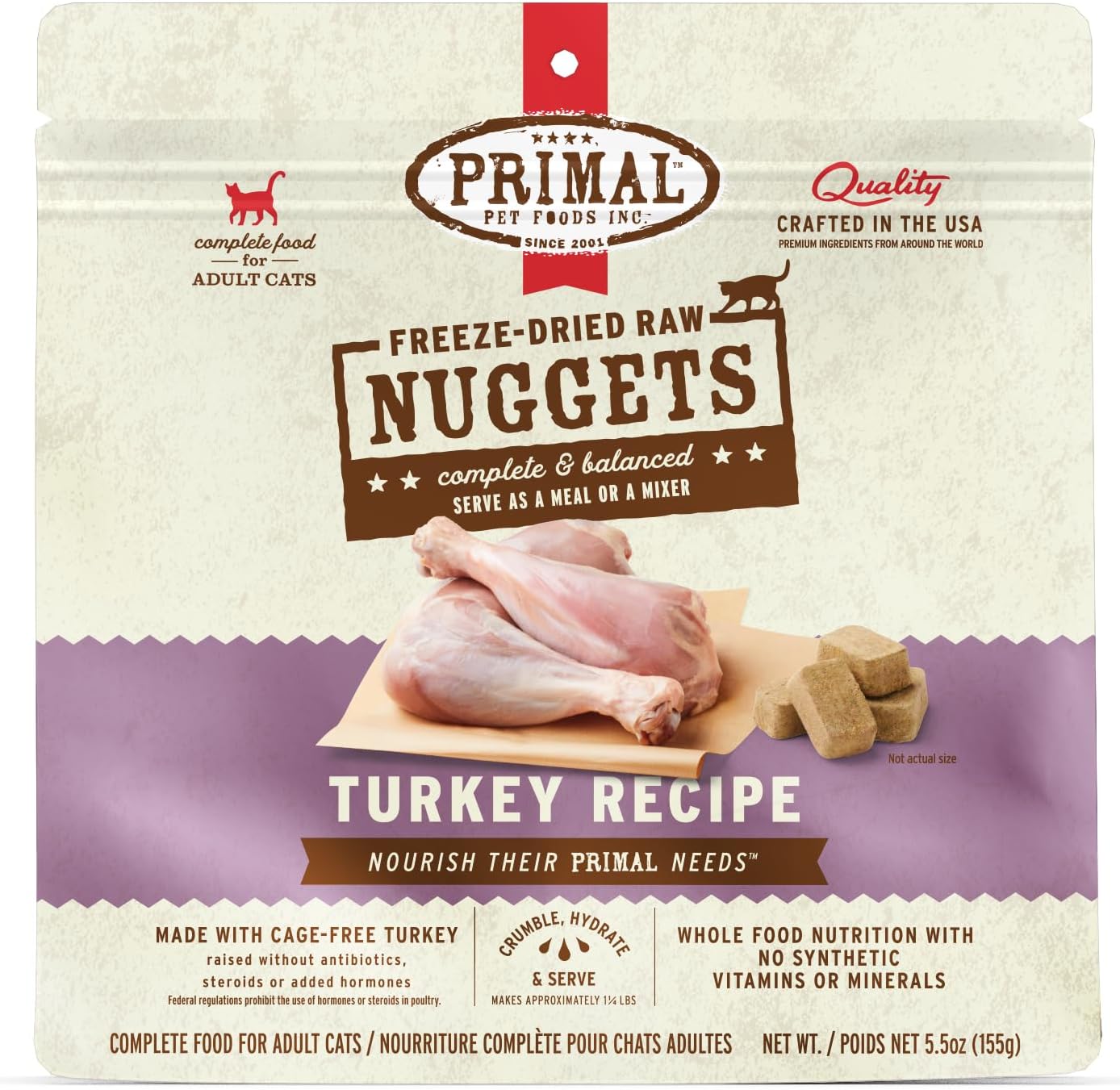 Primal Pet Foods Freeze Dried Cat Nuggets Turkey; Complete & Balanced Meal or Topper; Premium, Healthy, Grain Free, High Protein Raw Cat with Probiotics (5.5 oz)