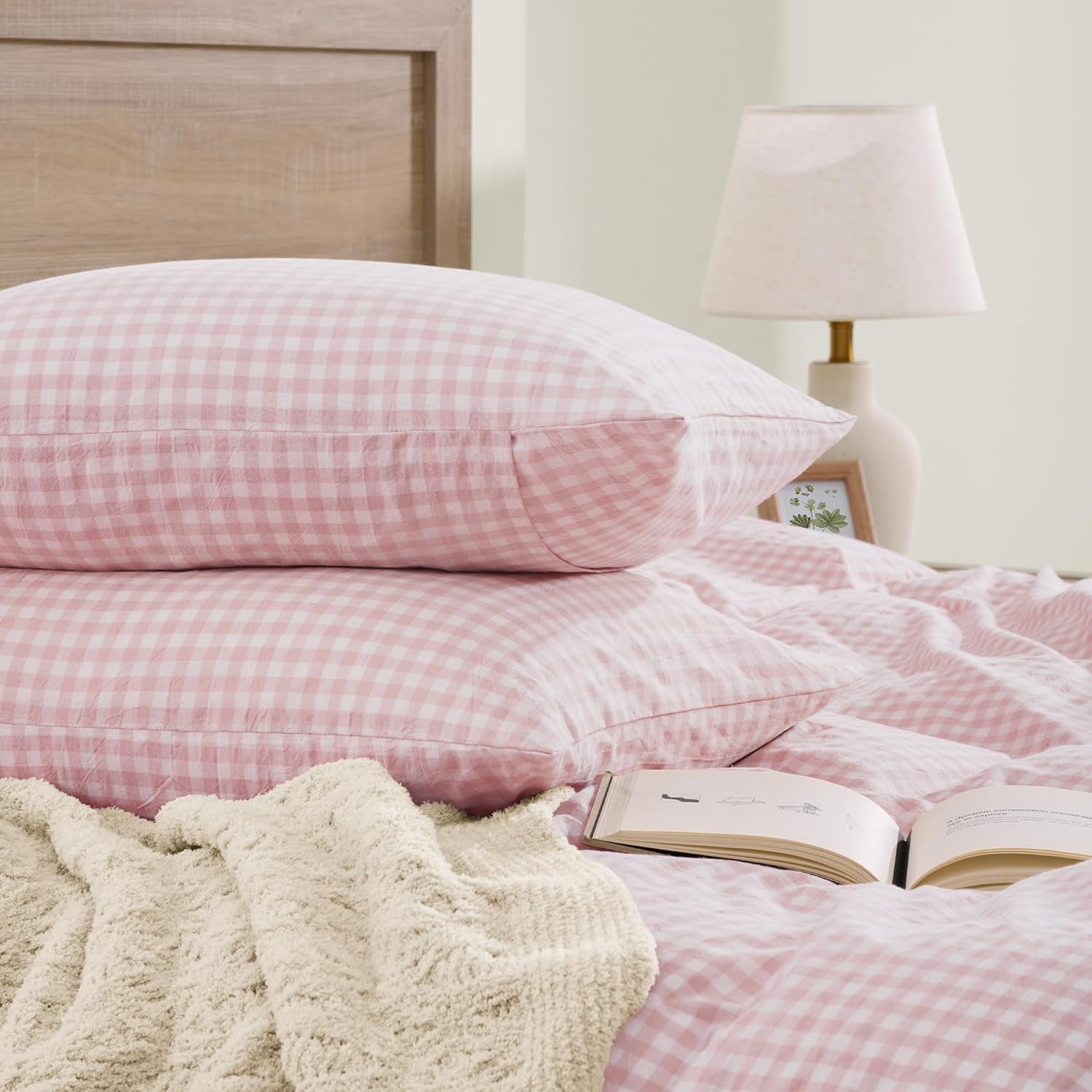 Andency Pink Gingham Duvet Cover Queen, 100% Wash Cotton Linen Like Textured Breathable Comforter Cover Set, 3 Piece Blush Classic Yarn-Dyed Checkered Plaid Bedding Set, 90"*90"