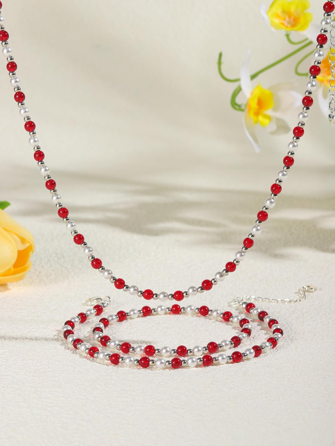 XIJIN Red Beaded Pearl Necklaces for Women Waterproof Stretch Beaded Anklet Gold Silver Jewelry Set