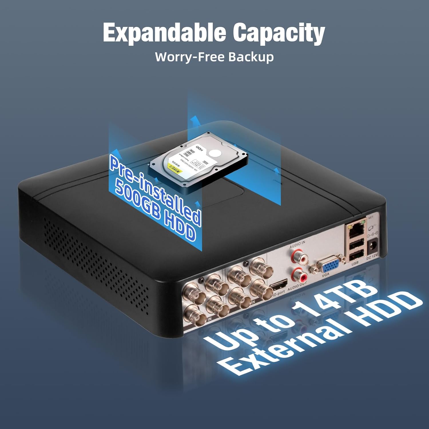 Fuers H.265+ Security DVR Recorder with 500G Hard Drive,8CH Hybrid 6-in-1 CCTV DVR for Surveillance Camera, Supports 8CH Analog Cameras, AI Human Detection, Mart Playback, Email Alert,Remote Access