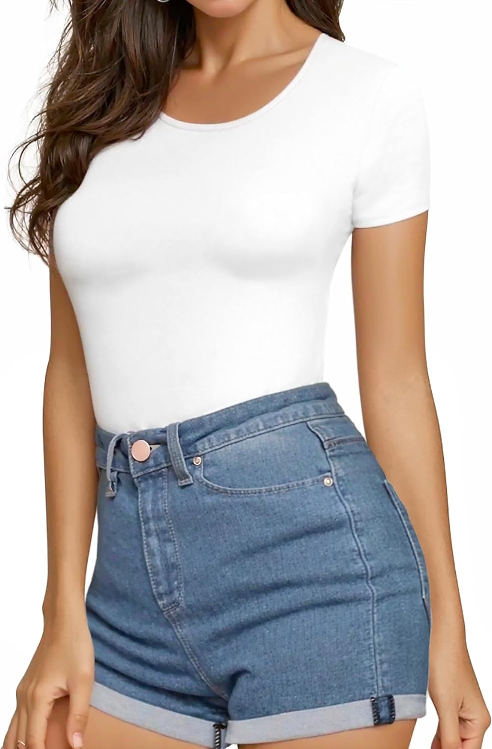 MANGOPOP Round Neck Short Sleeve Bodysuit for Women Basic Body Suit Shirts Tops White L - Image 2