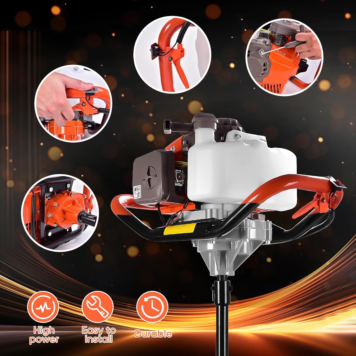 72CC Post Hole Digger, 2 Stroke Auger Post Hole Digger Gas Powered with 2 Augers Drill Bits 6" 8"+1 Extension Rod 31.5", Earth Auger Fit for Farm,Garden