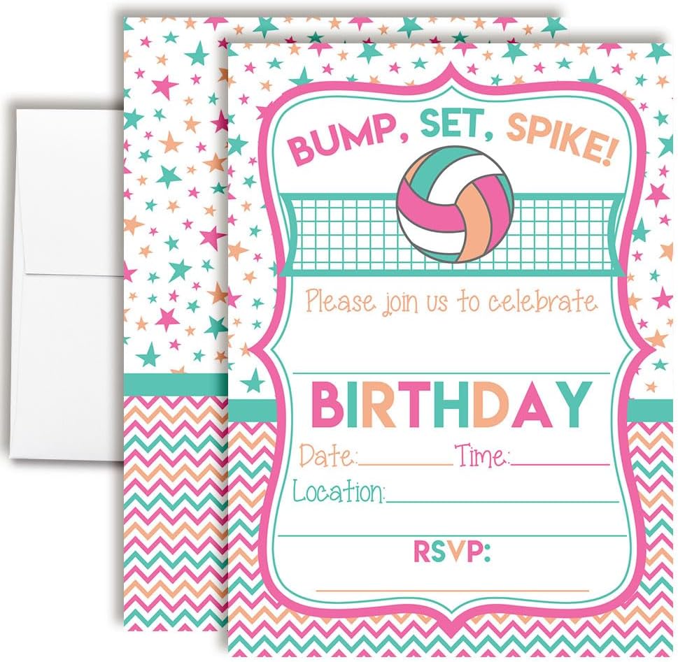 Bump, Set, Spike Volleyball Themed Birthday Party Invitations for Girls, 20 5x7 Fill In Cards with Twenty White Envelopes by AmandaCreation