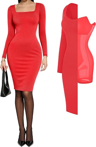 Popilush Cocktail Dress Long Sleeve Square Neck Midi Dress Shapewear Tummy Control Bodycon Dress Party Evening Built in Bra